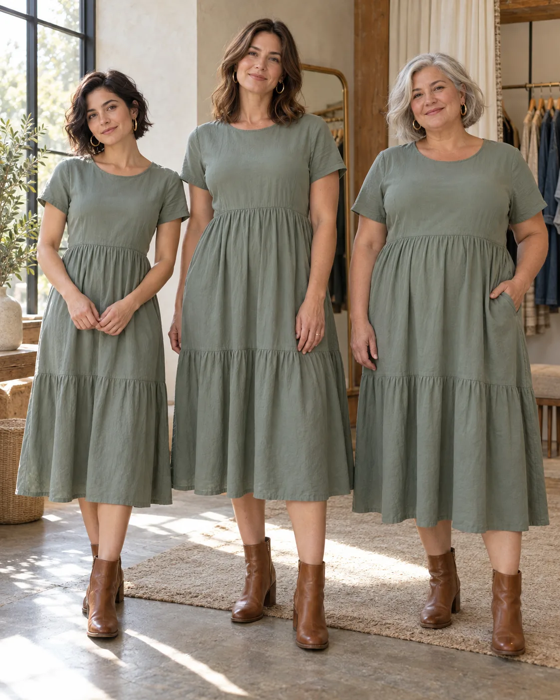 Three women wearing the sage midi dress in the fitting room