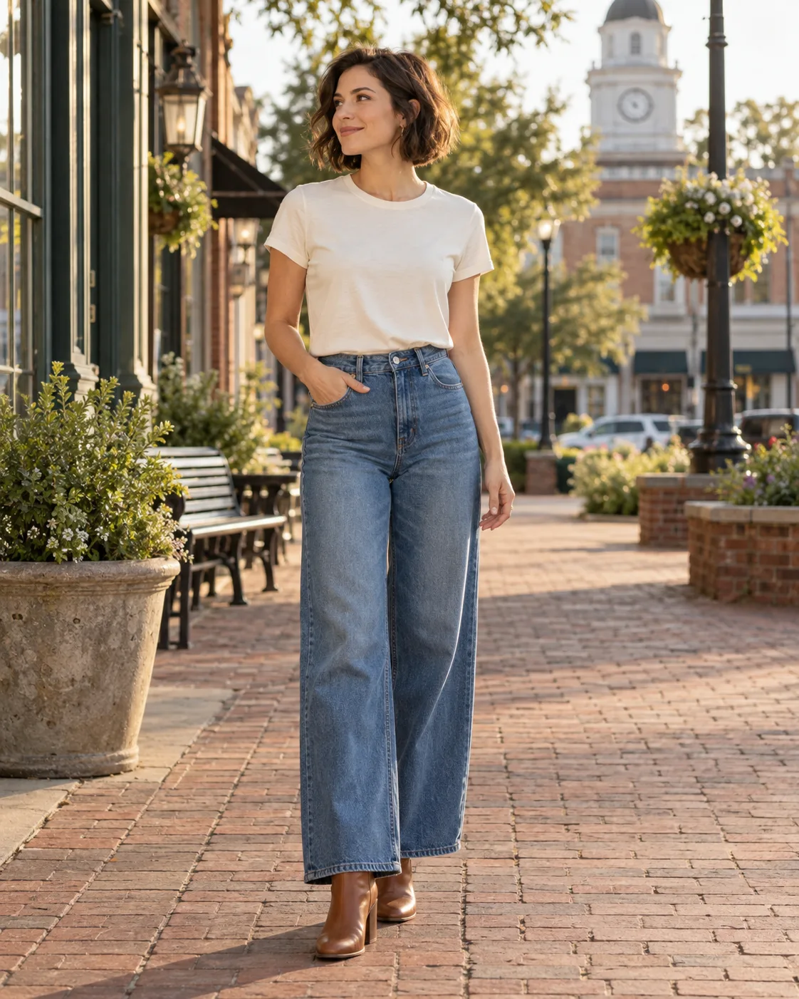 Woman in ivory tee and blue wide-leg jeans on a brick square