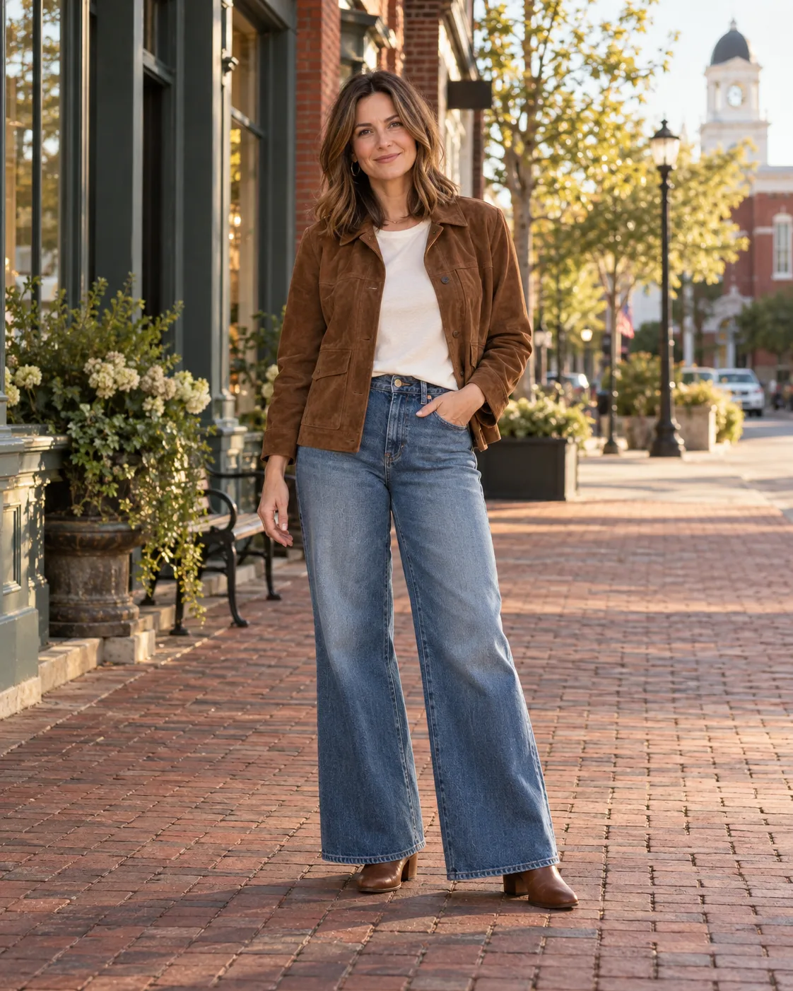 Woman in tobacco suede jacket and blue denim on a brick square