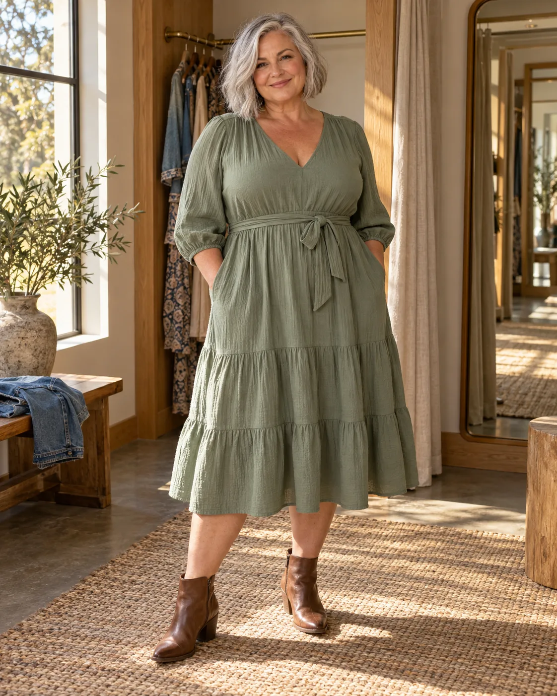 Silver-haired woman wearing a sage midi dress