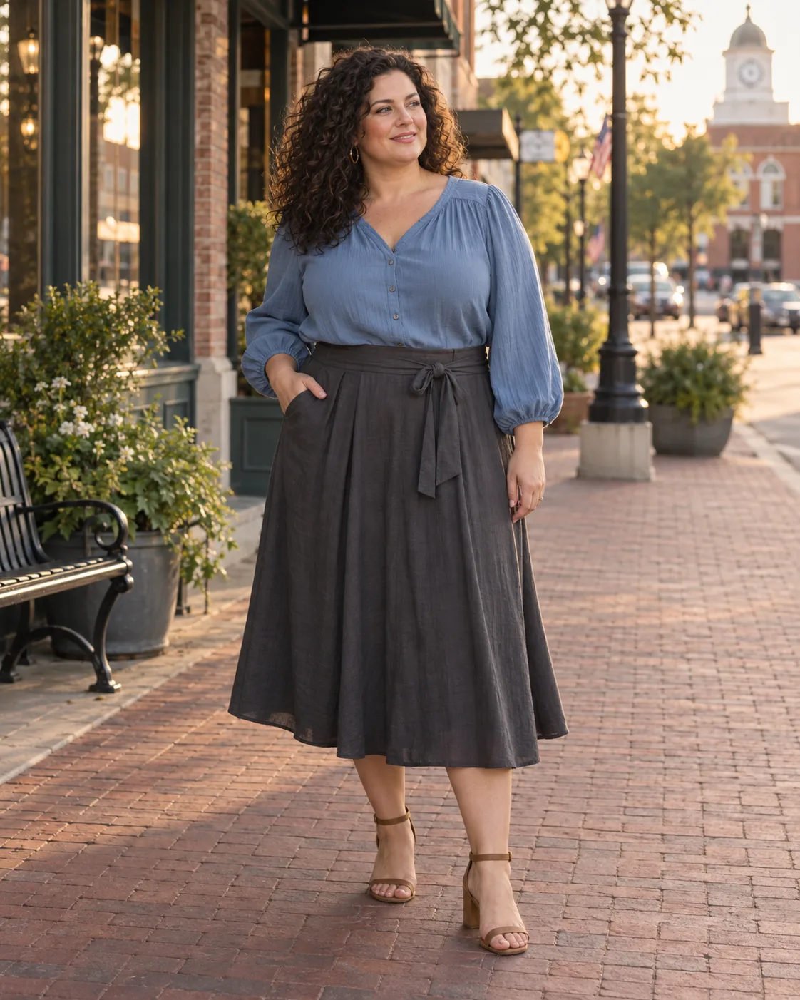 Curly-haired woman in blue blouse and denim skirt