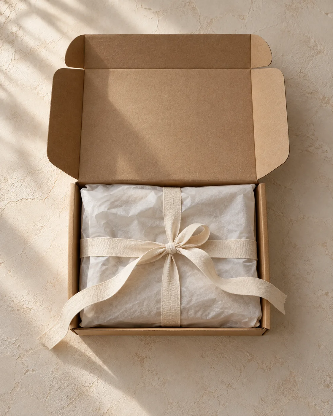 Unprinted kraft mailer with tissue and cotton ribbon