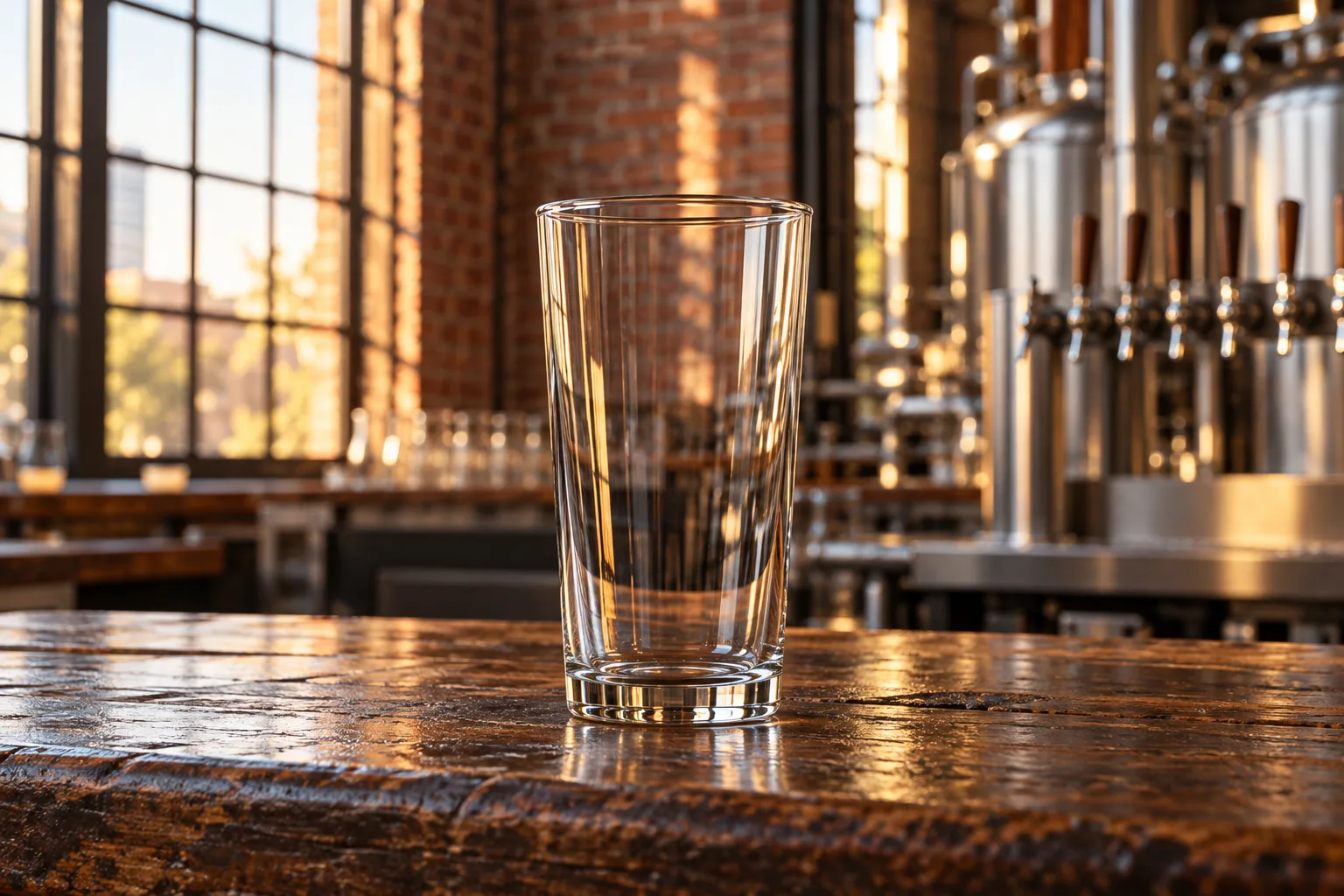 Empty pint on the oak bar in a brick brewhouse