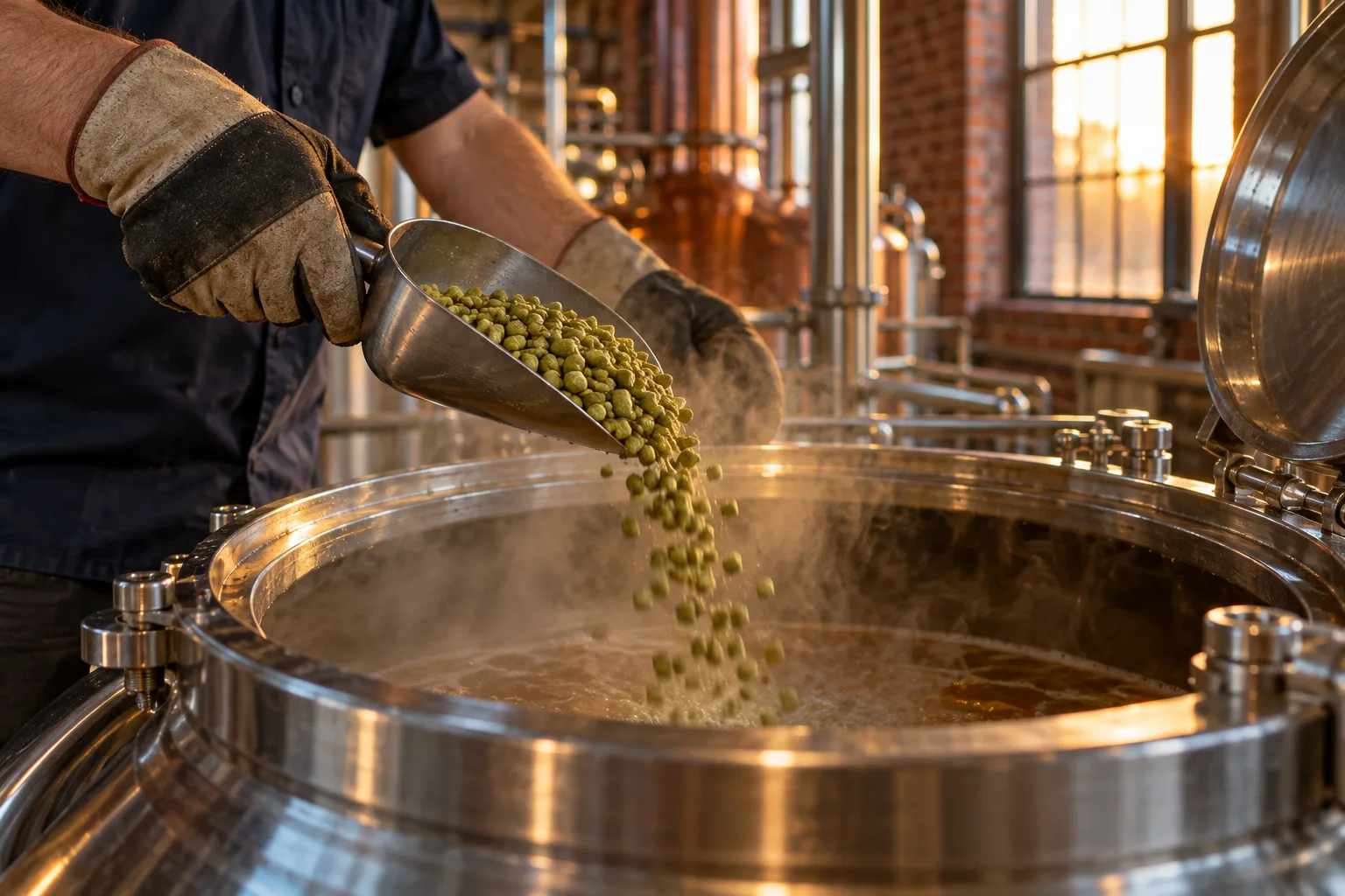 Gloved brewer adding hop pellets from a scoop to the kettle