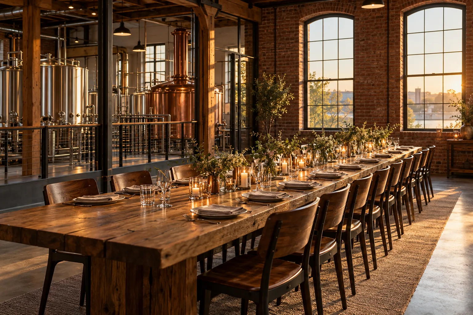 Long oak table in the private brick event room