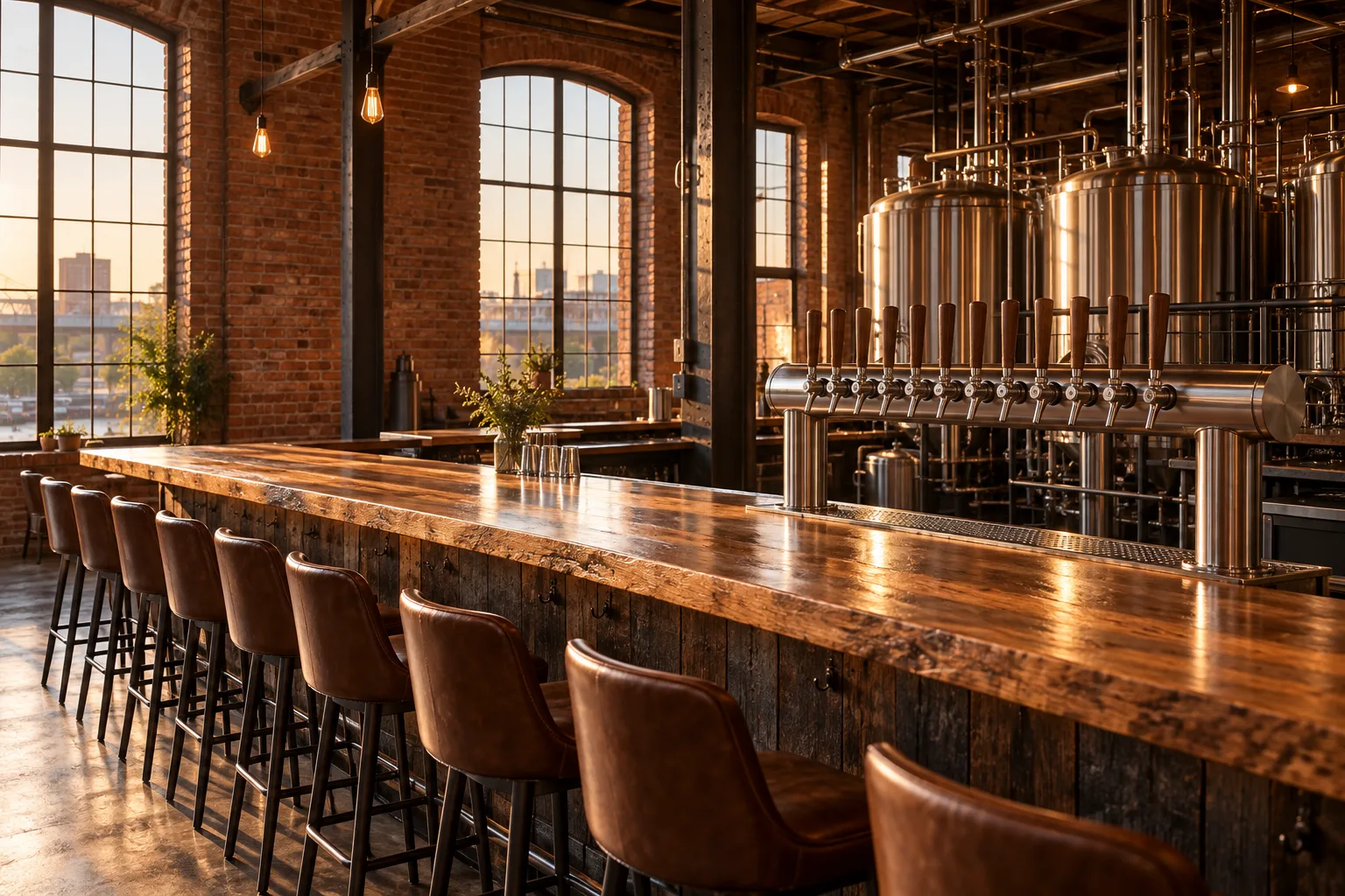 Golden afternoon light across the oak taproom bar