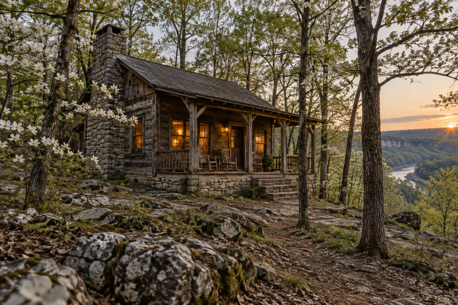 Dogwood cabin among the trees