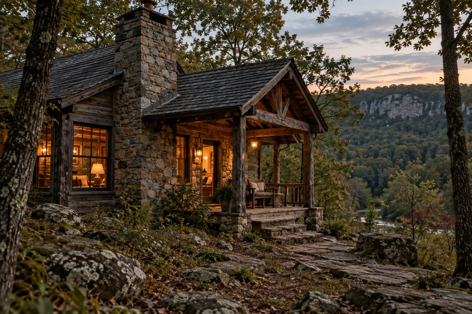 Stonehouse cabin among the trees