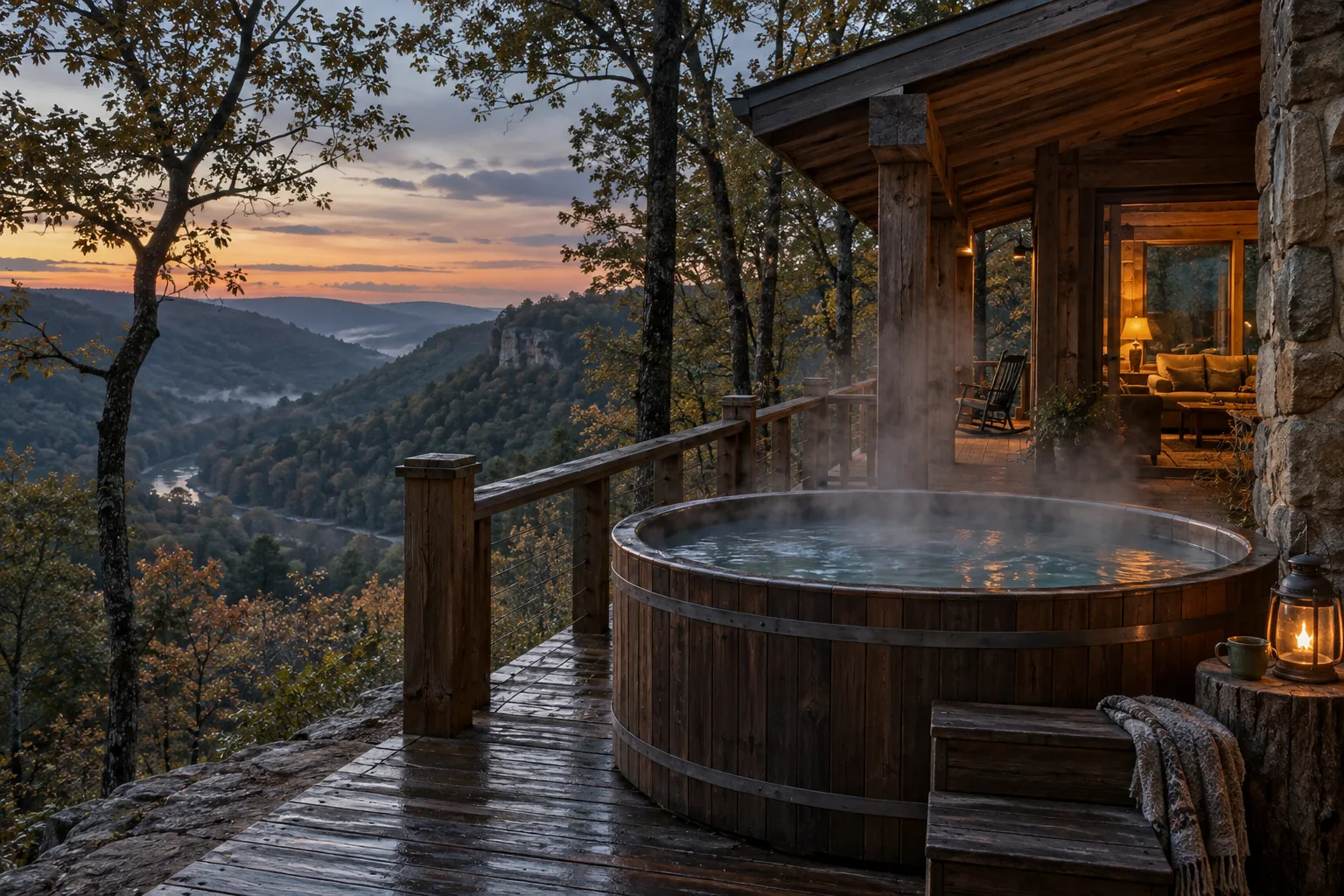 Private hot tub on a timber porch at dusk