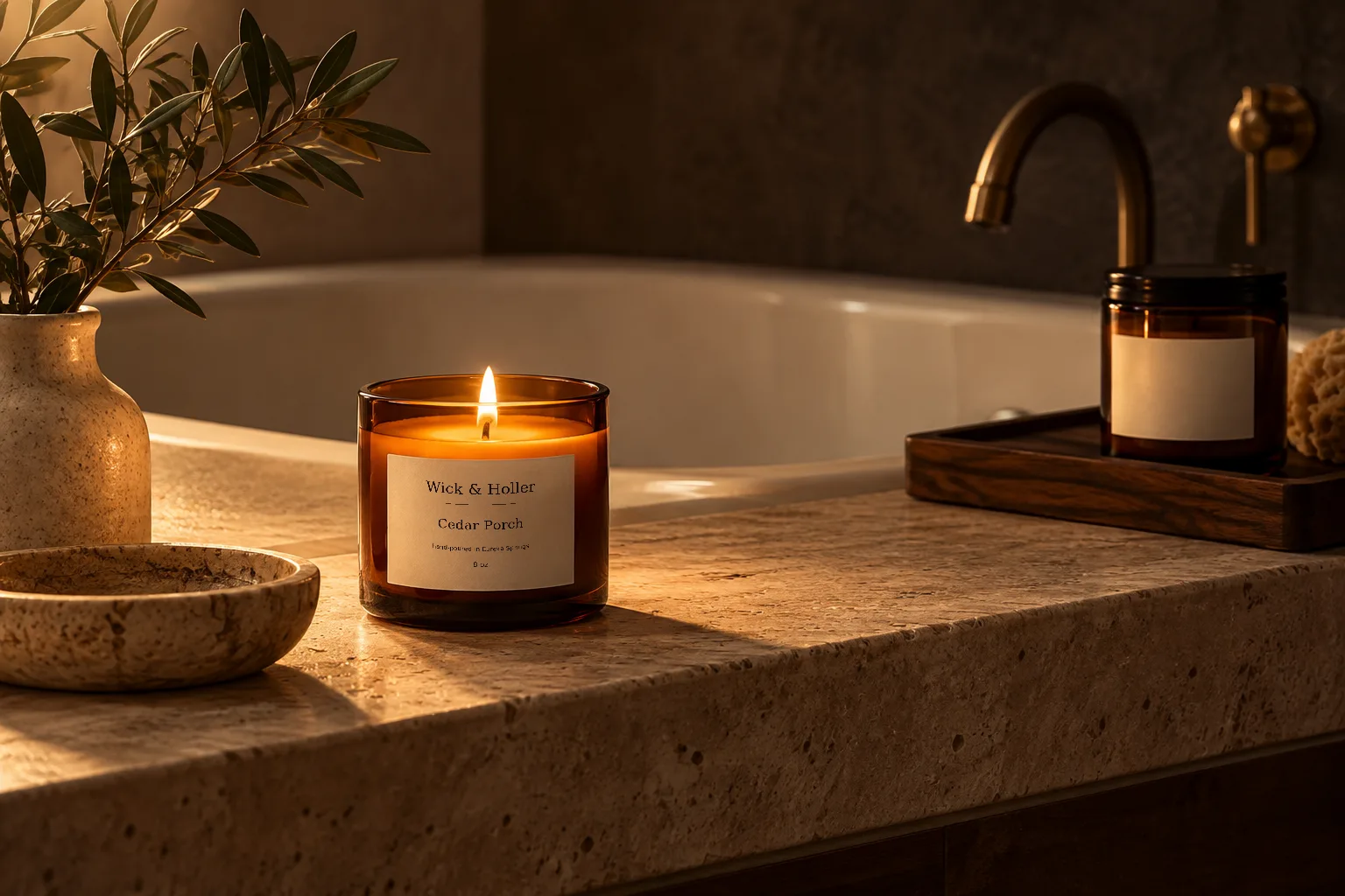 Candle safely placed on a stone bath ledge