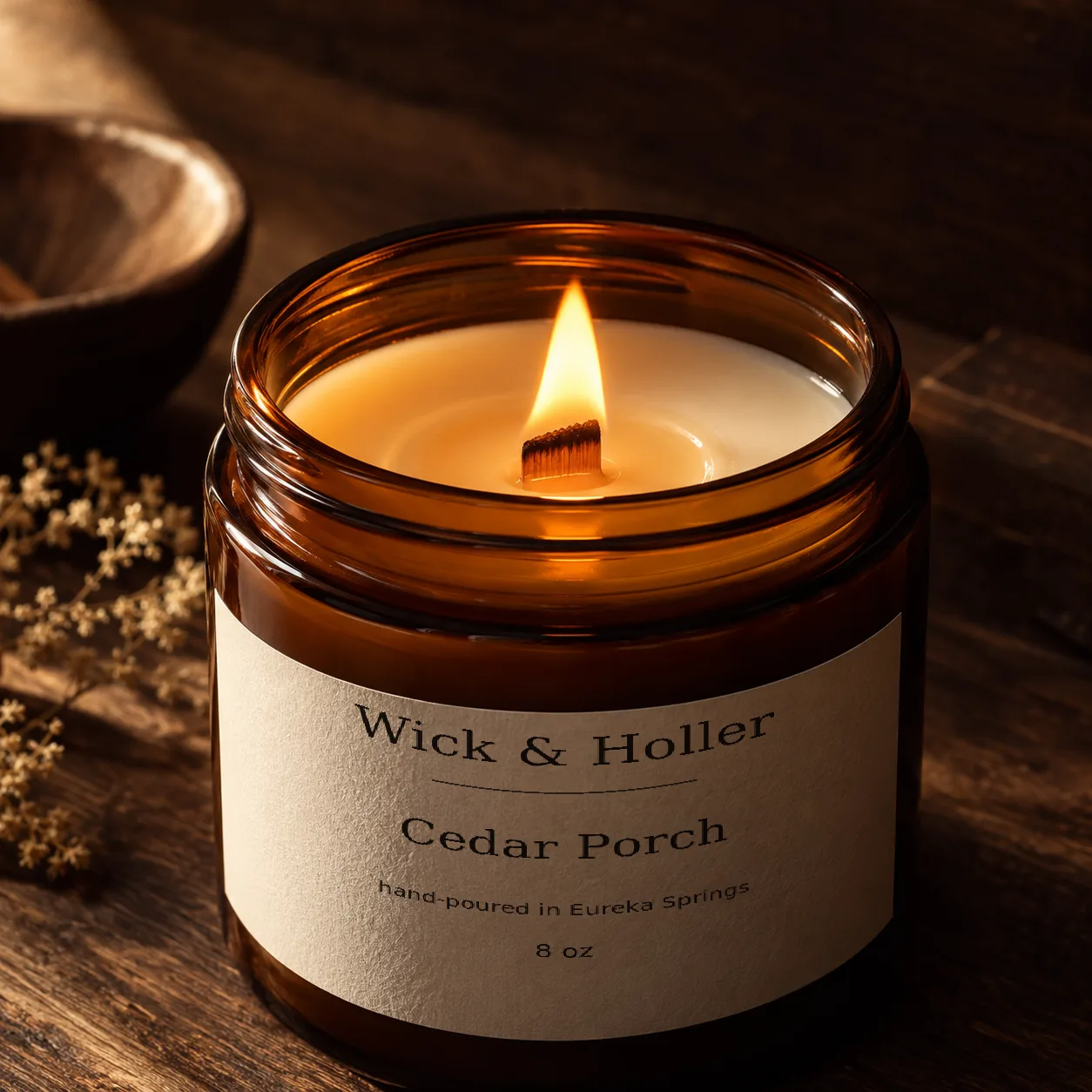 Cedar Porch candle seen close up