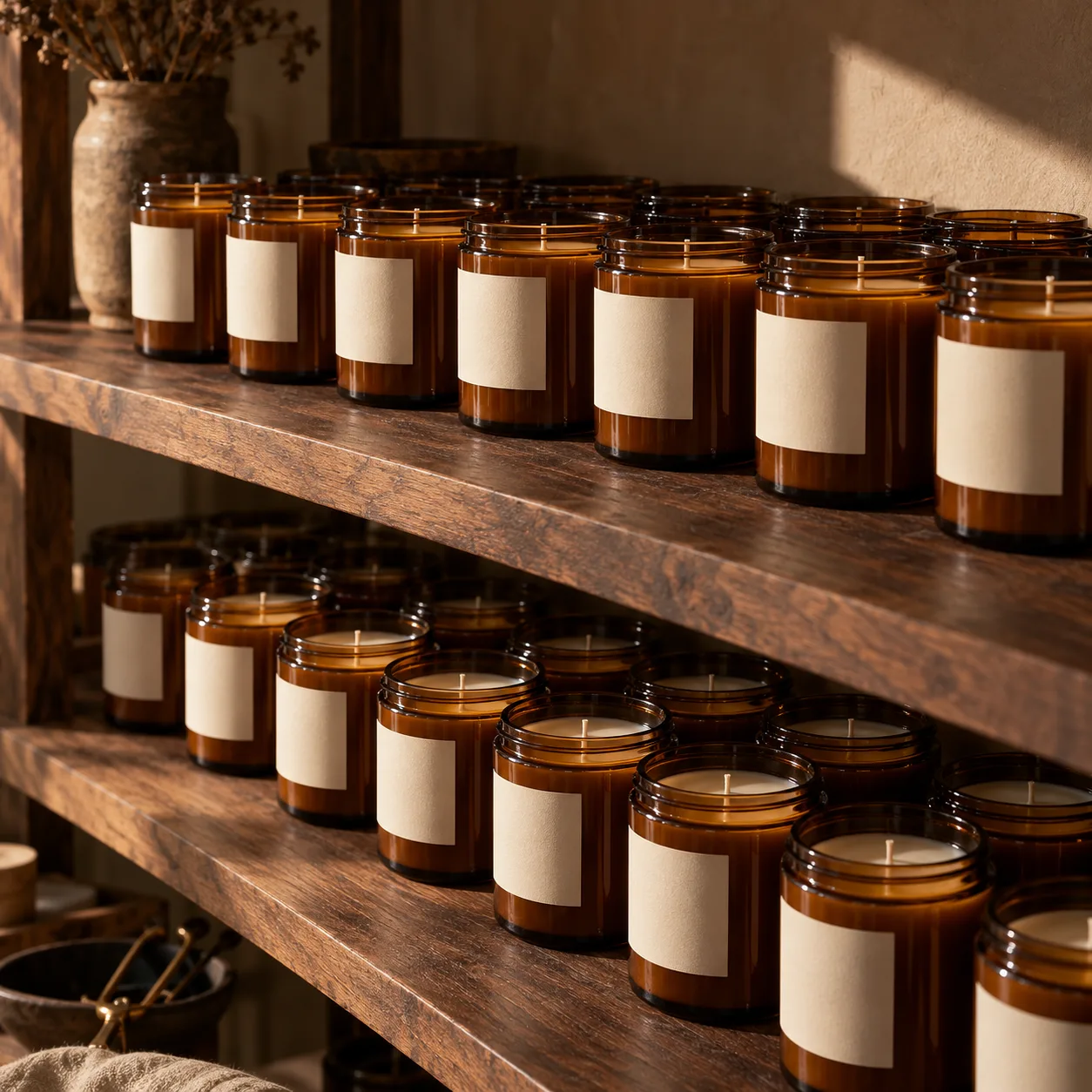 Candles resting on walnut workshop shelves