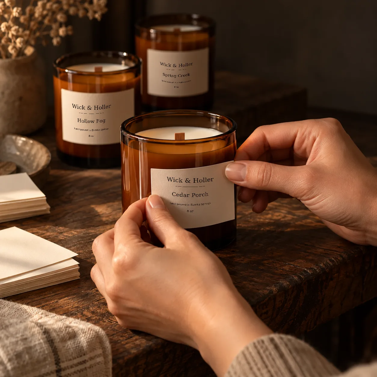 Hands placing a blank label on amber glass