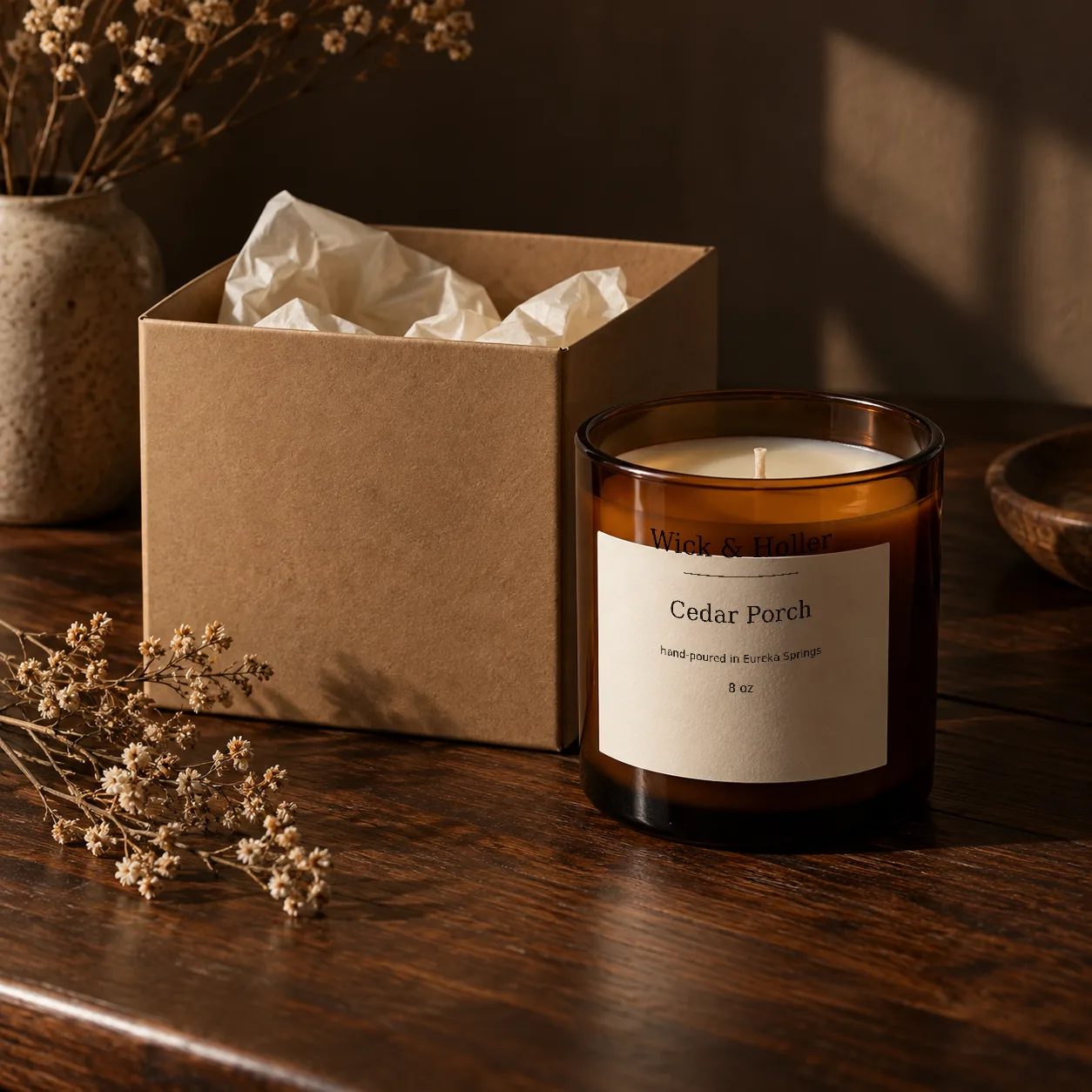 Plain kraft box with ivory tissue and amber candle