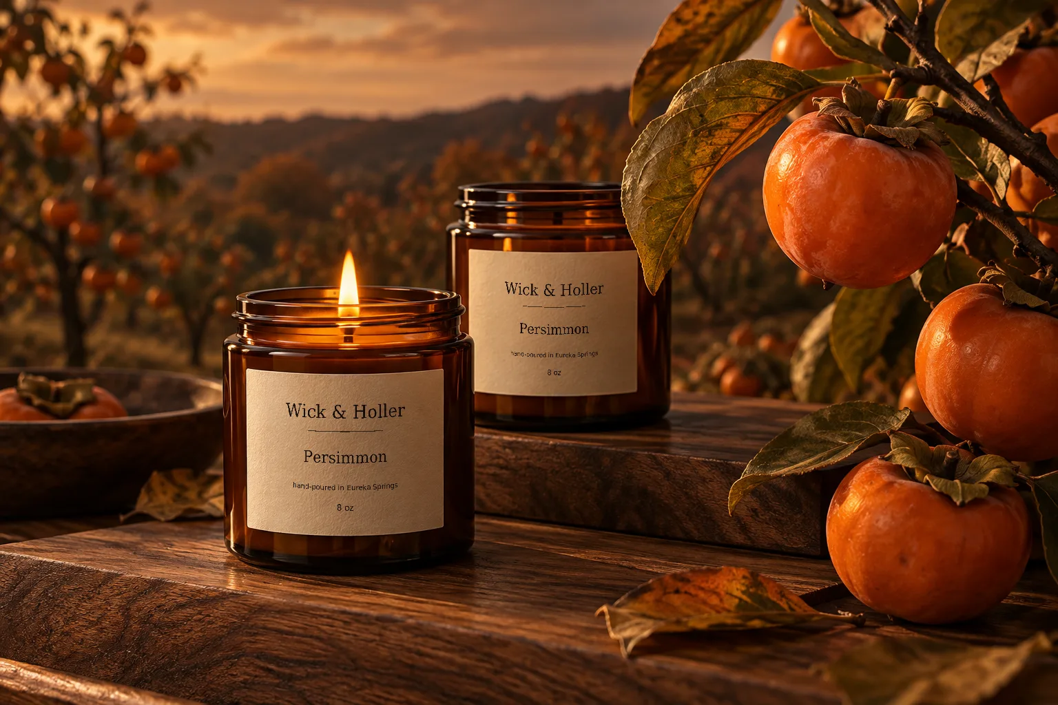 Amber candles beside ripe persimmons in autumn light