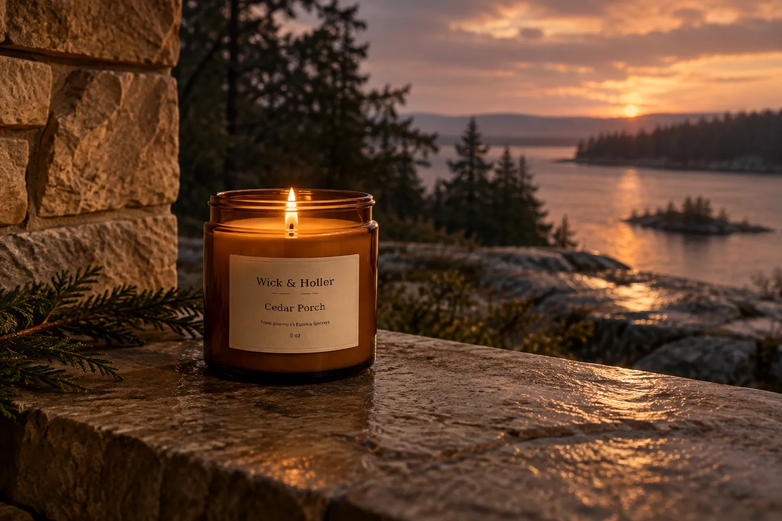 An amber candle on a stone porch ledge at dusk