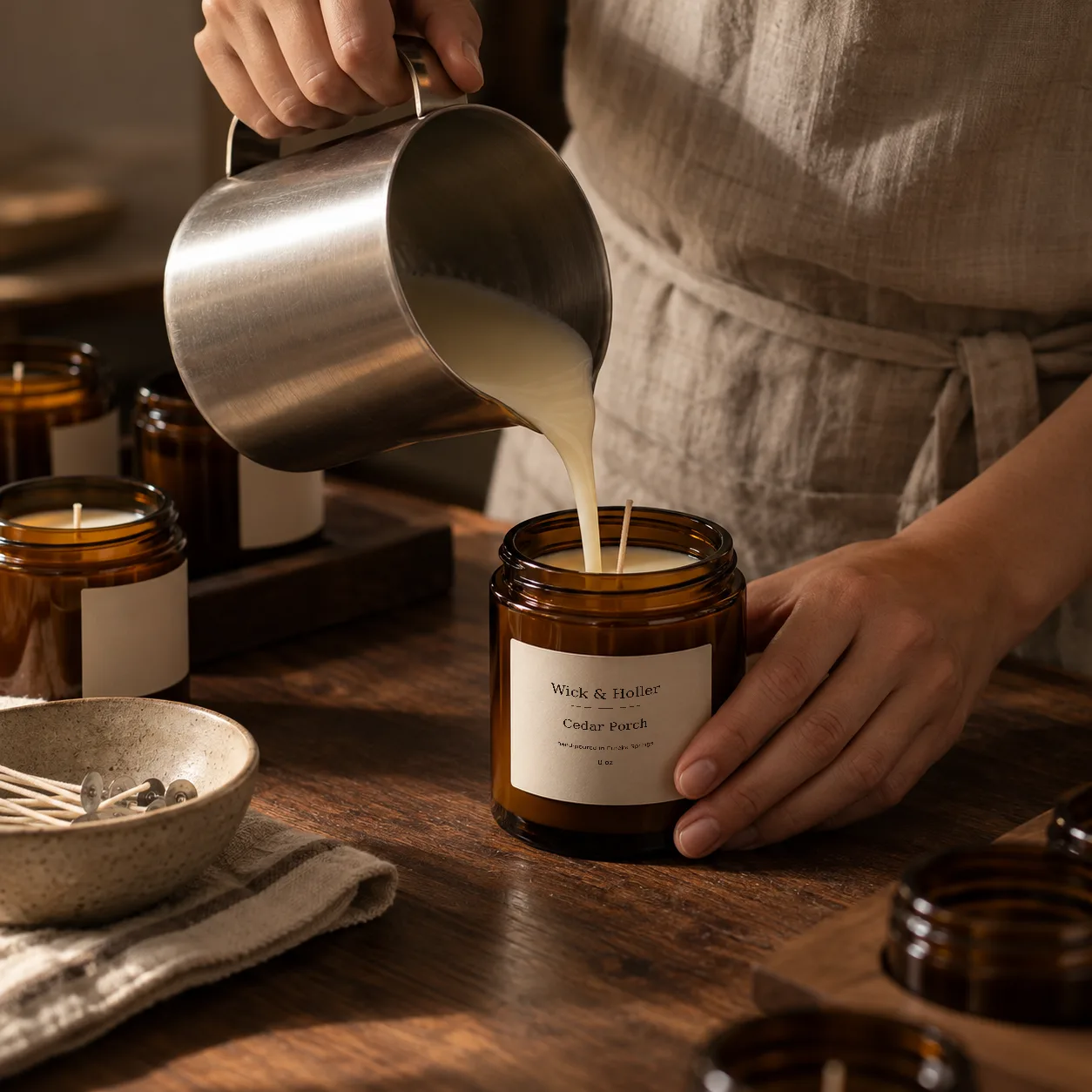 Warm wax pouring from a steel pitcher