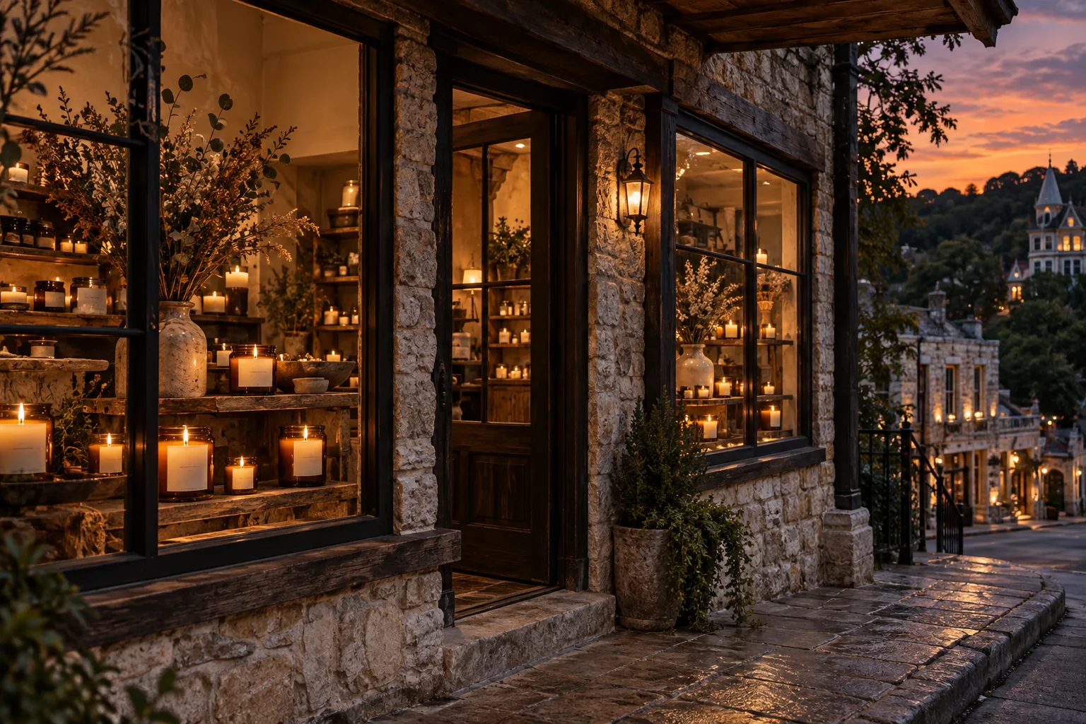 Limestone candle storefront at dusk