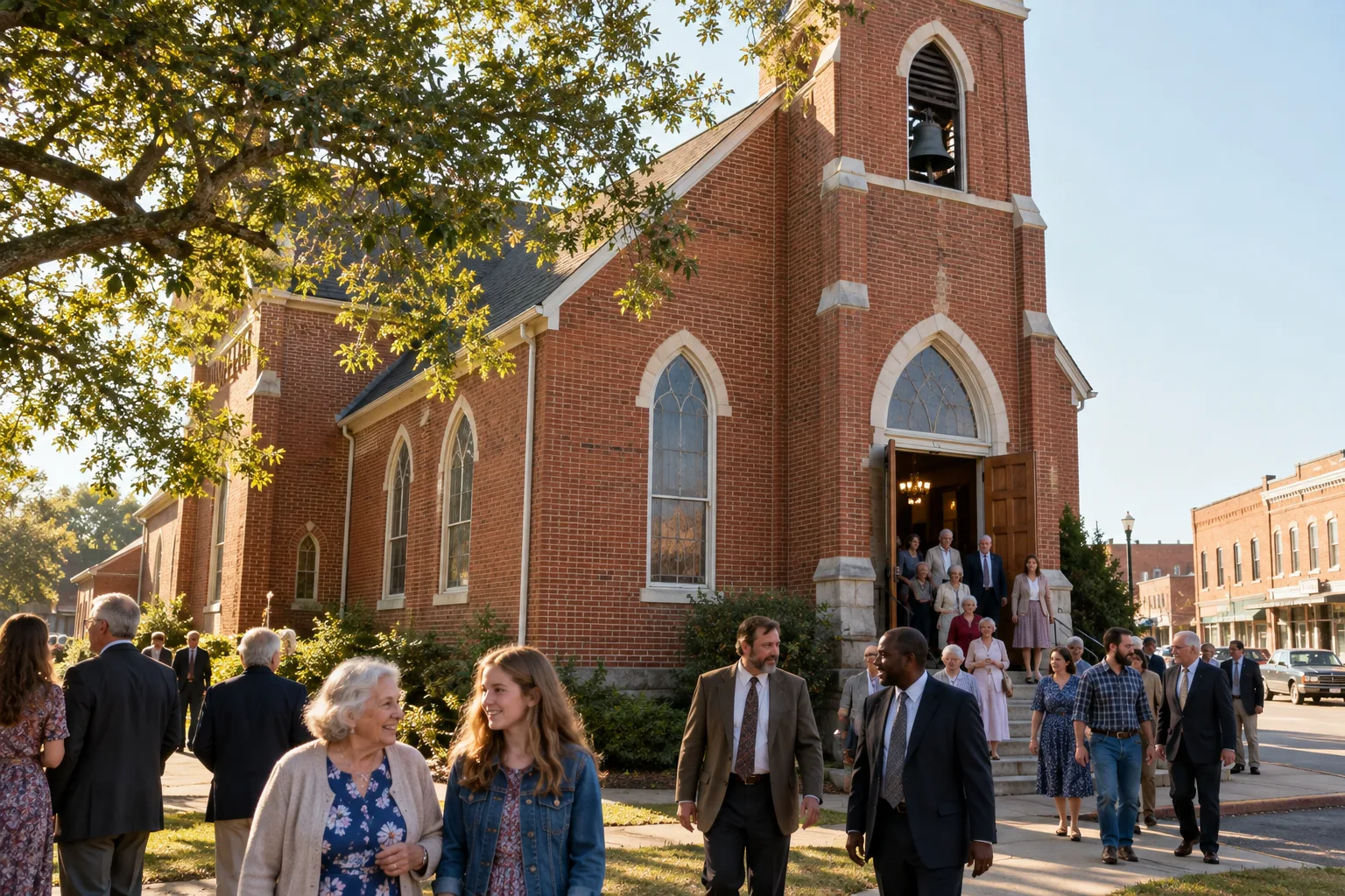 Neighbors outside the brick church.