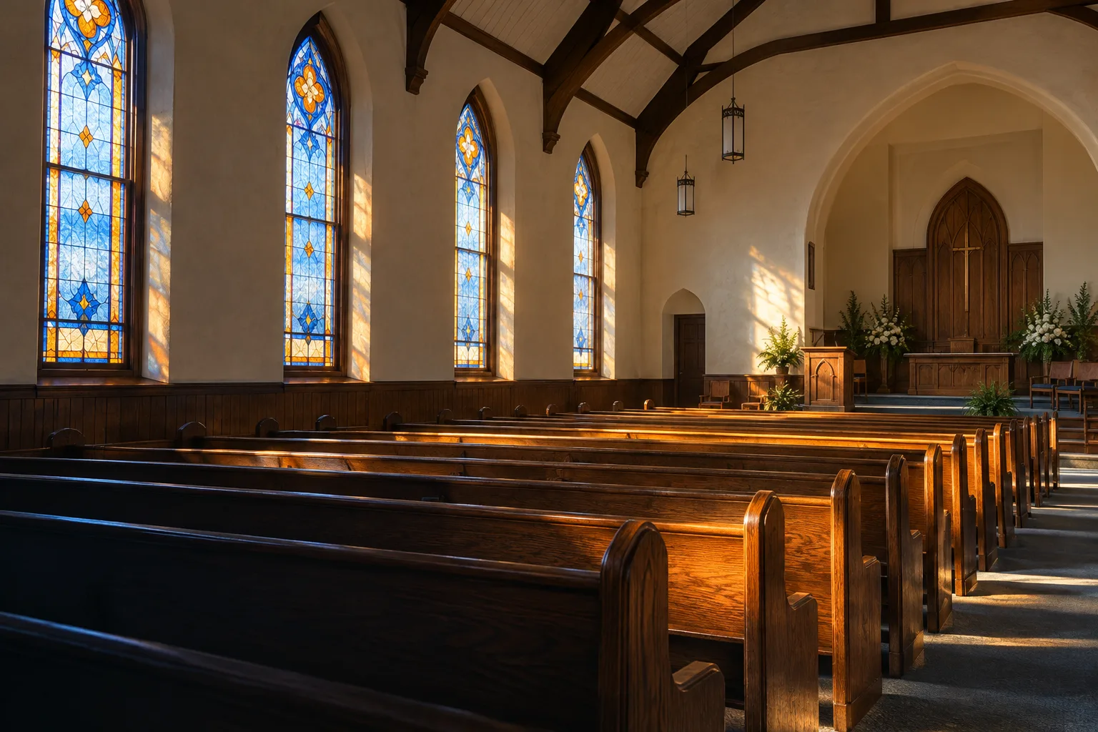 Morning sunshine through tall colored windows across empty oak pews.