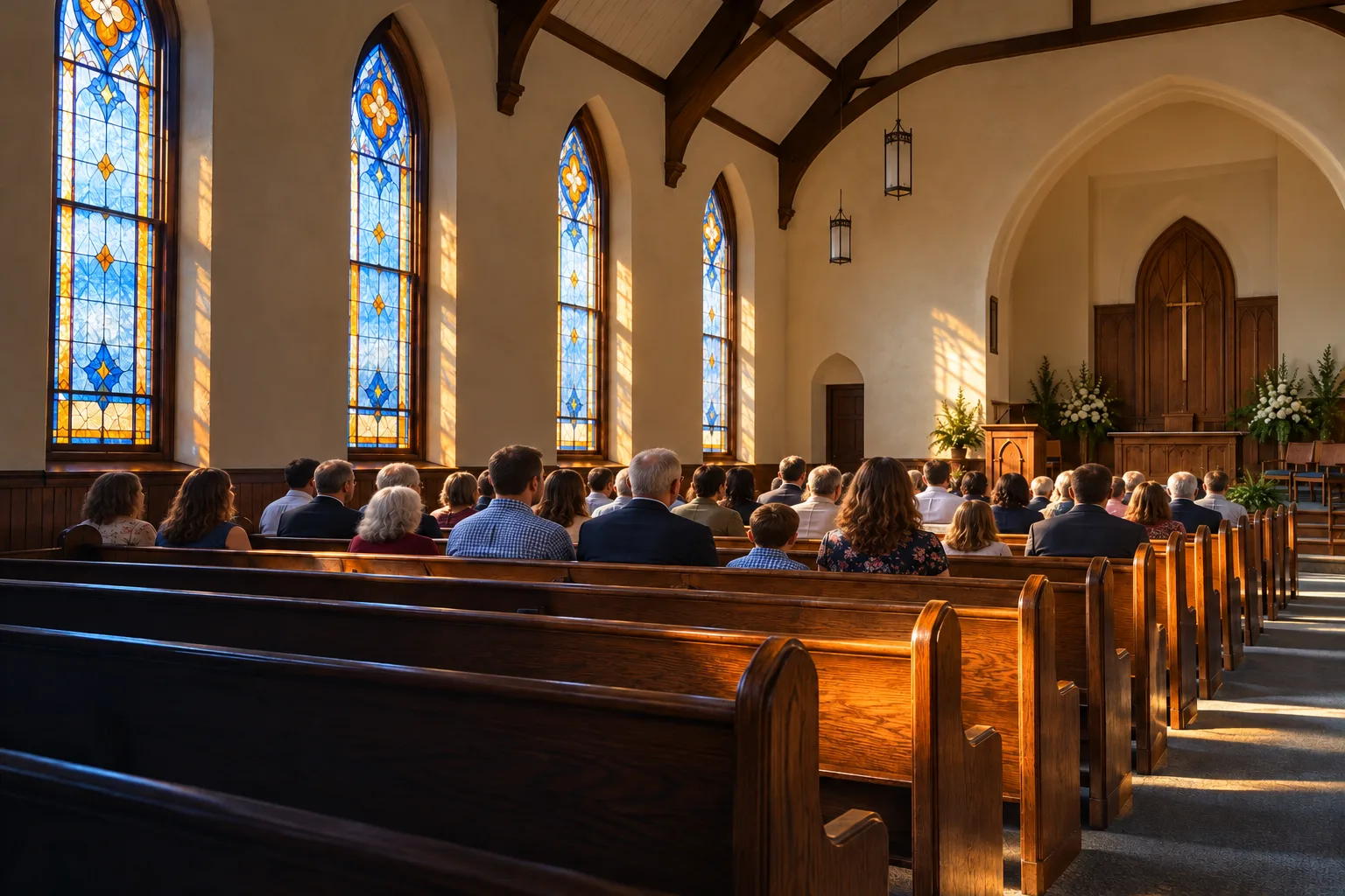 The same sanctuary with families settling into the pews.