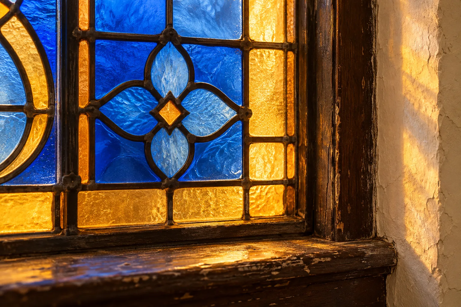 Sunlight through the blue and amber church window.