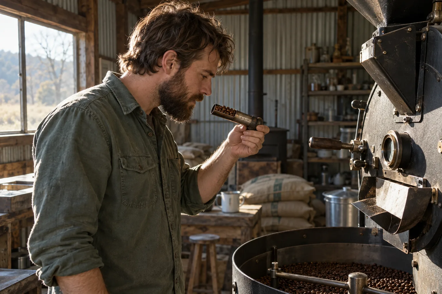 Eli Tanner checking a bean trier beside the drum roaster.