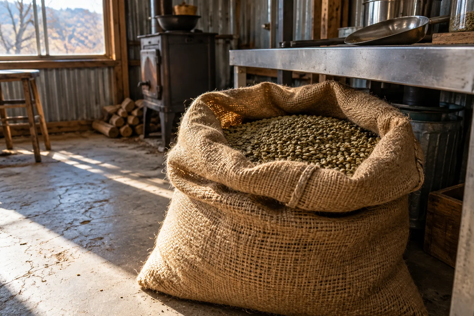Unroasted green beans in a burlap sack.