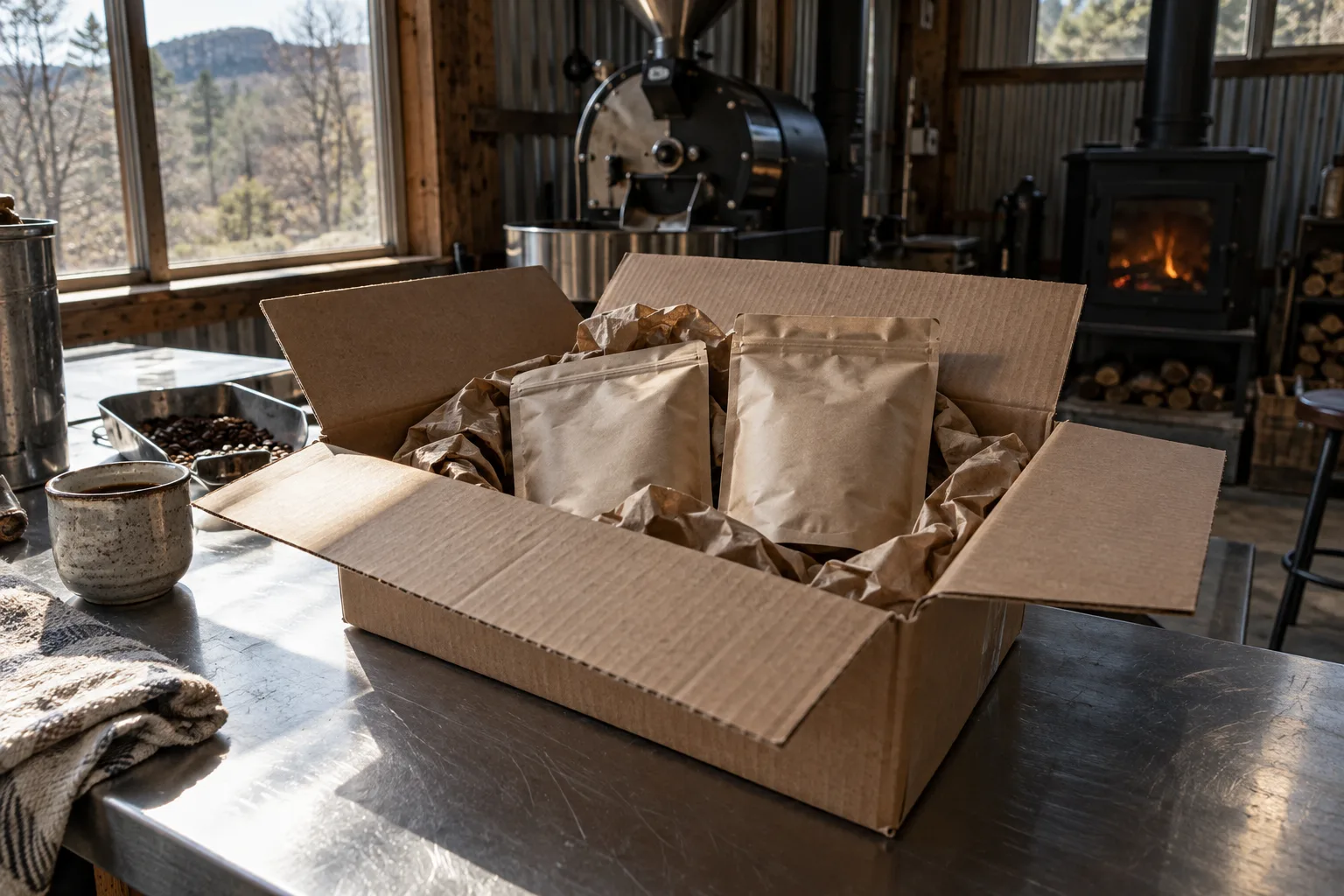 Plain coffee bags ready to ship in a kraft box.