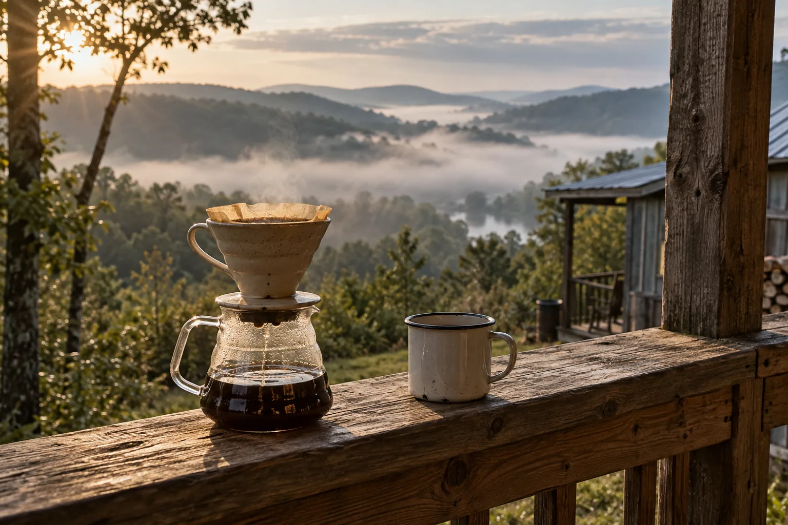 A pour-over dripper on a foggy cabin porch.