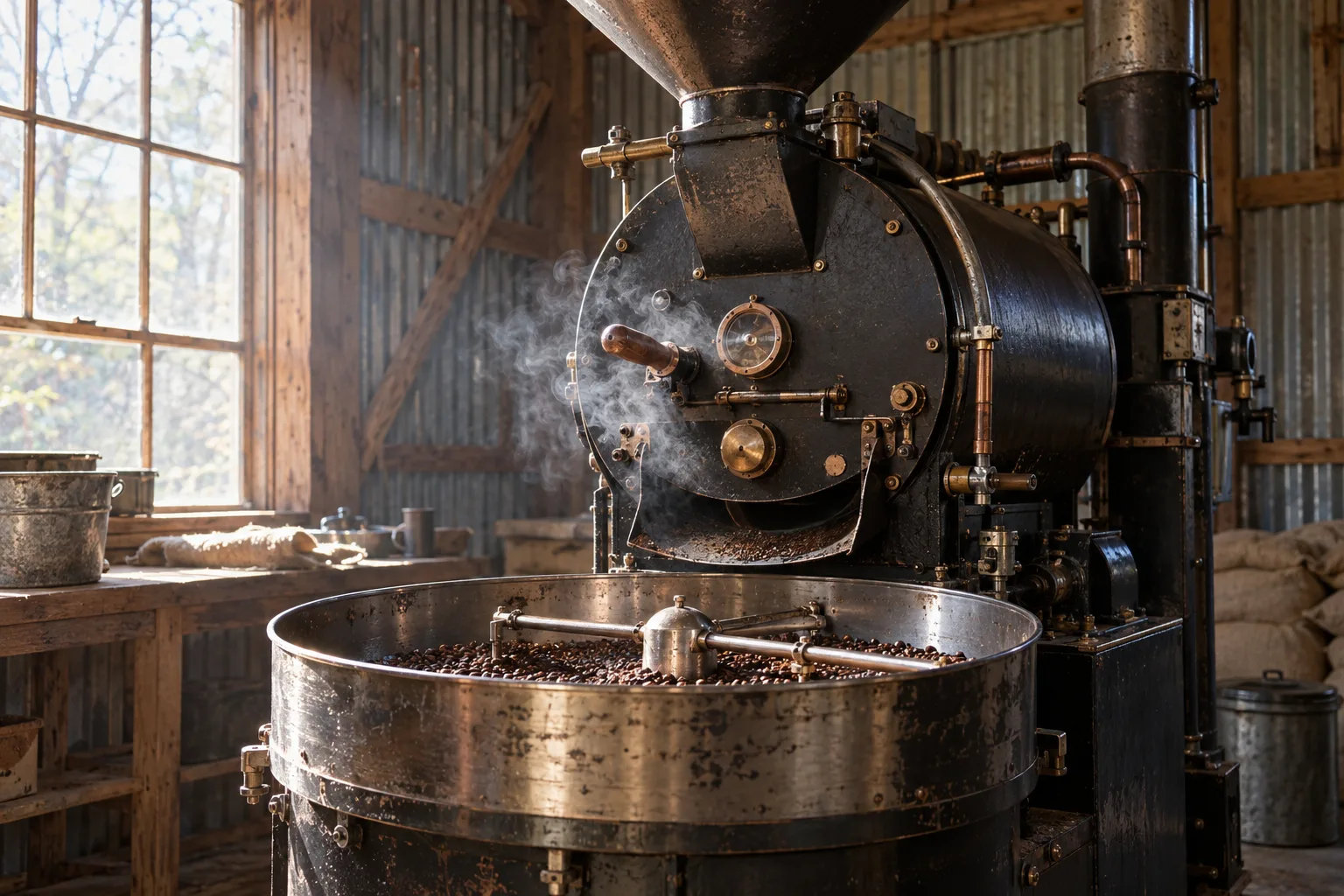 A drum roaster and cooling tray inside the tin barn.