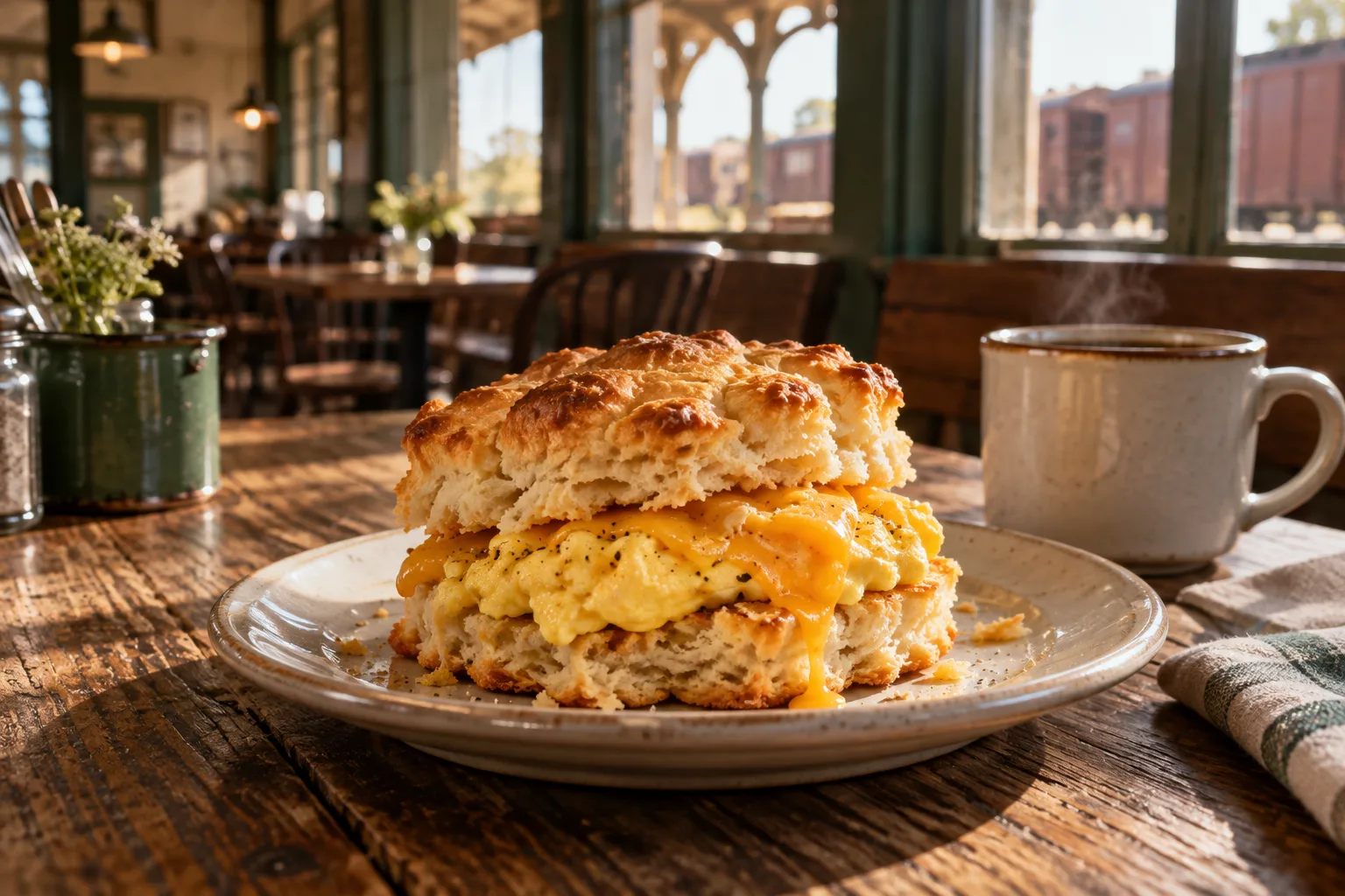 Warm egg and cheddar biscuit
