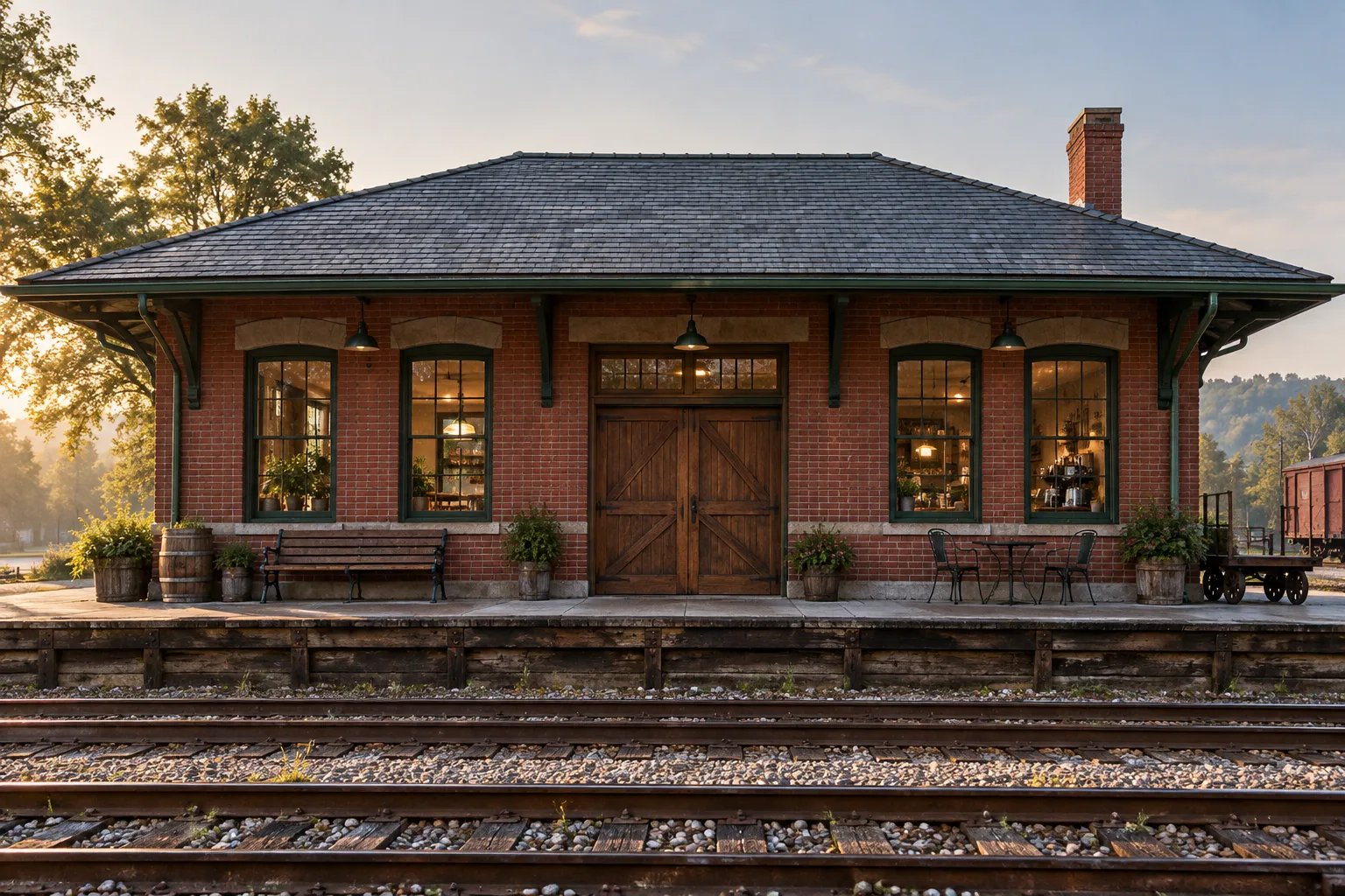 Restored brick depot viewed from its railroad platform