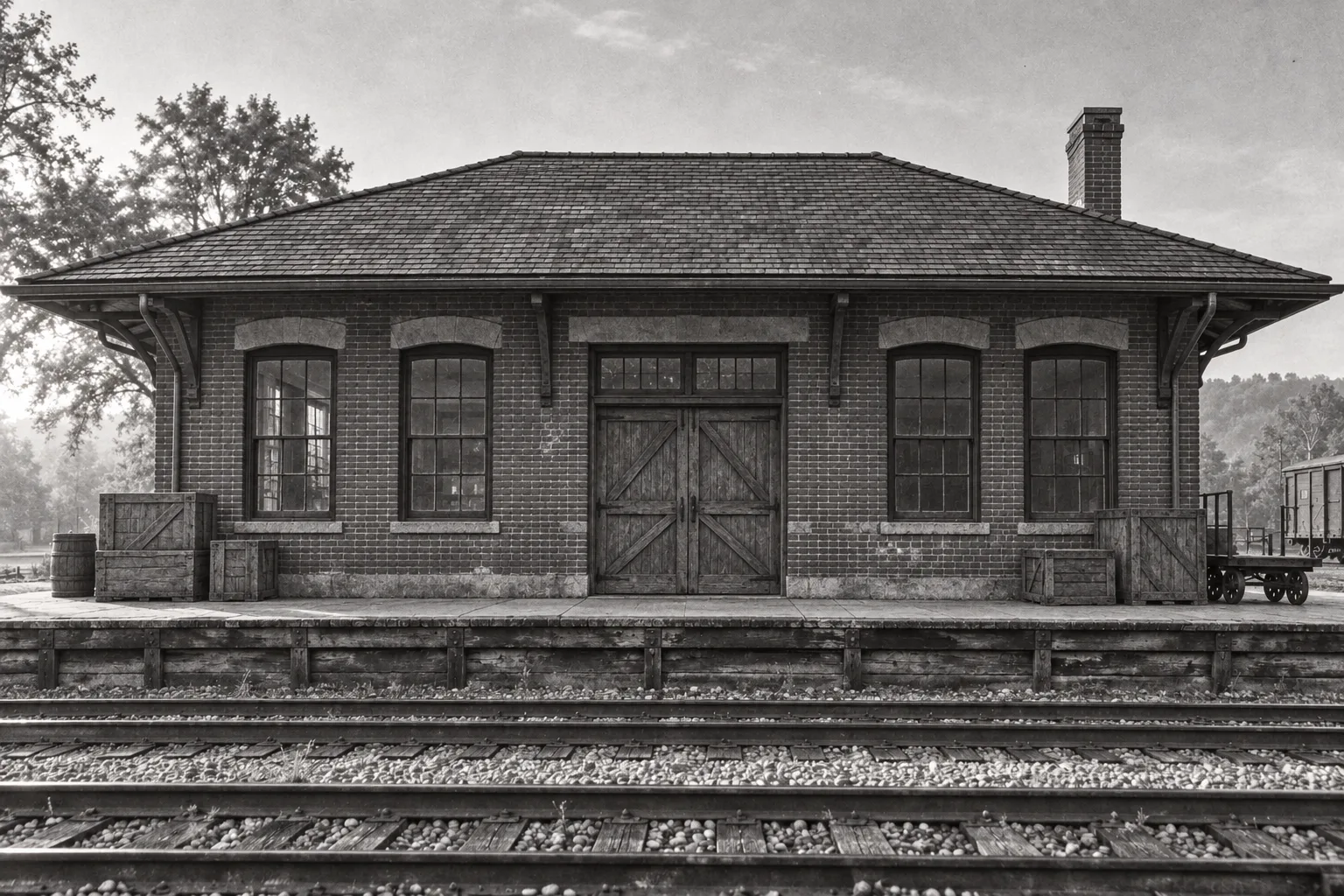 Imagined 1950 black-and-white reconstruction of the same depot