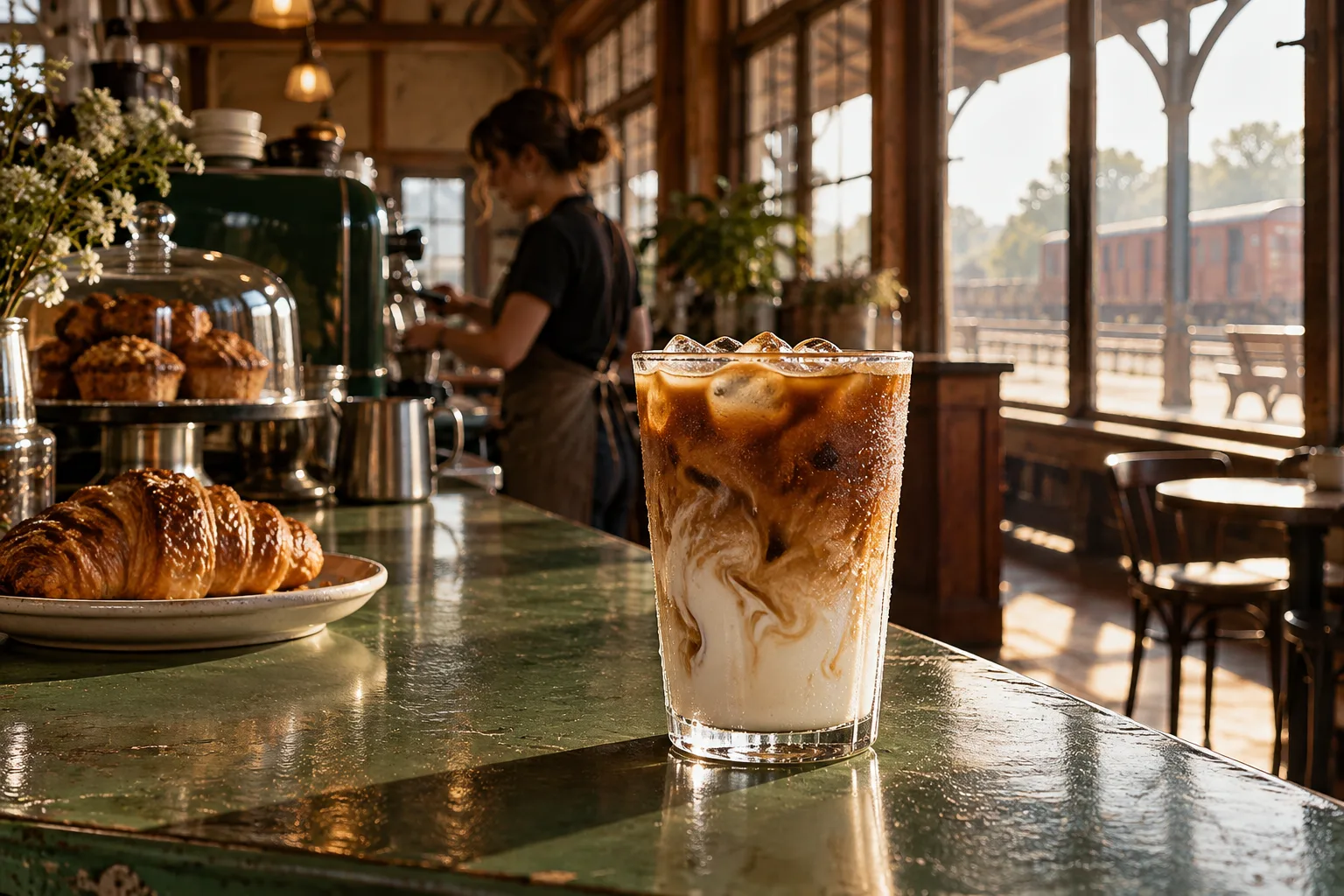 Iced latte with espresso and milk marbling