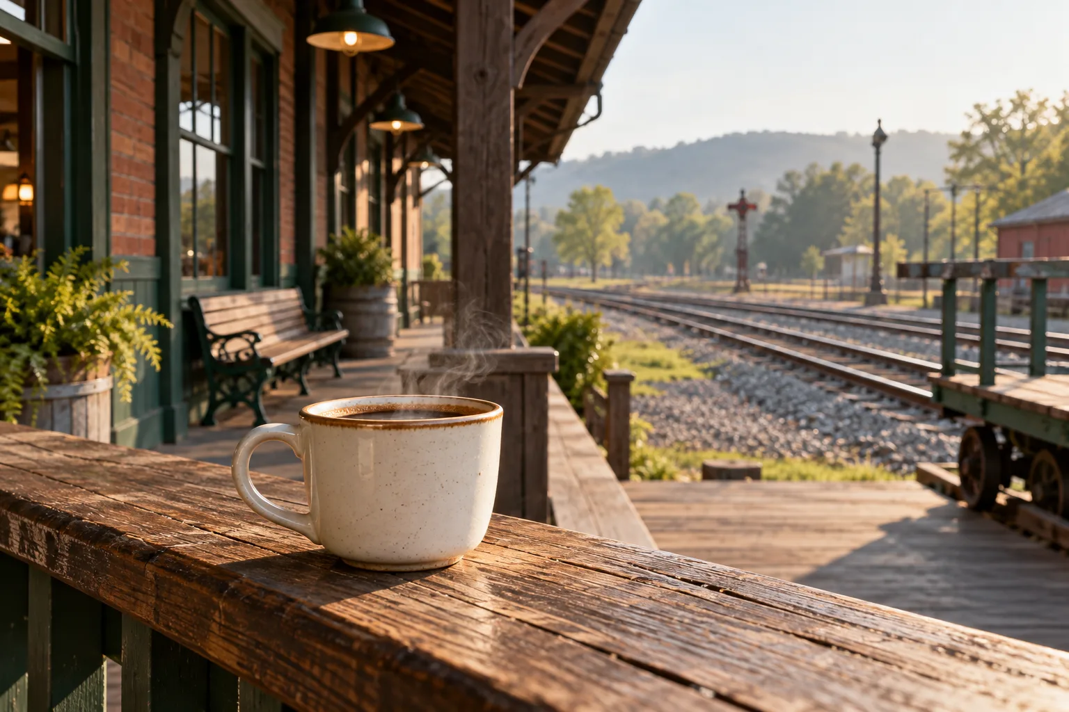 A ceramic cup on the depot platform rail