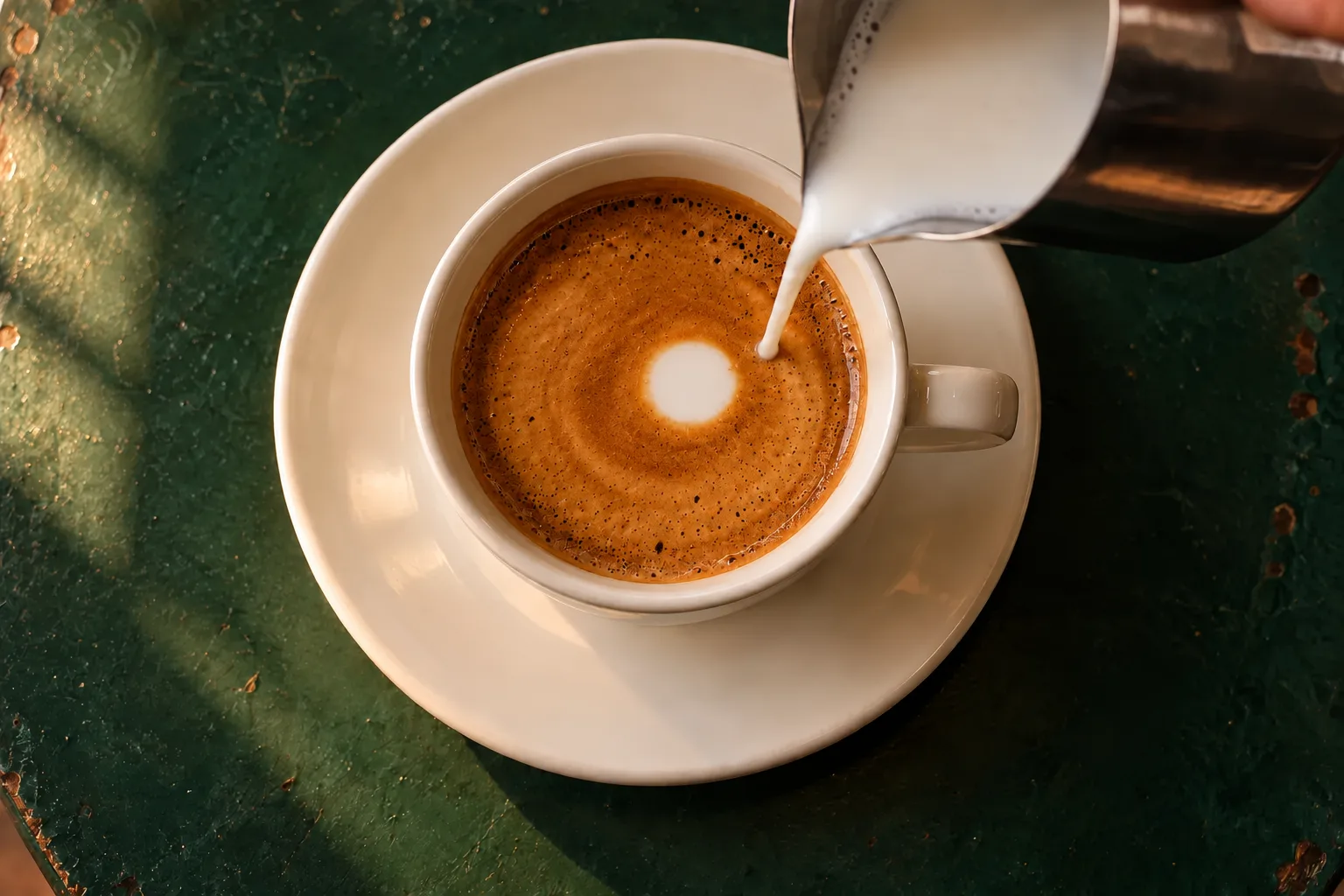 The first milk ring in a cup of espresso