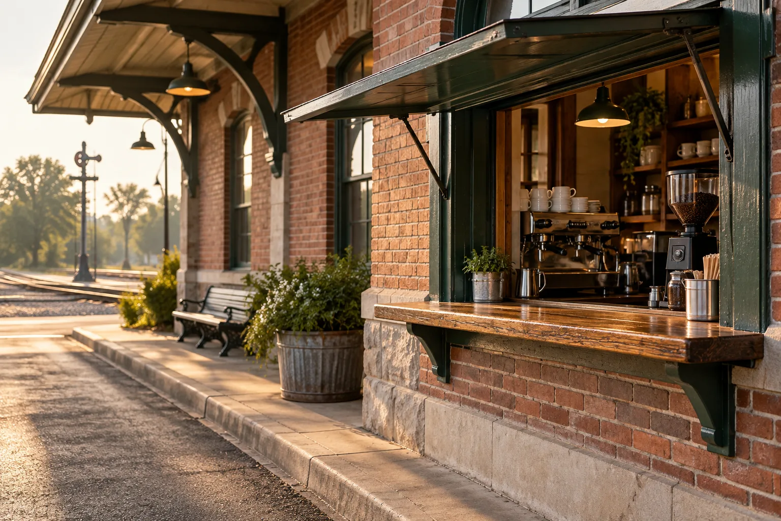 The open green-shuttered drive-up hatch in depot brickwork