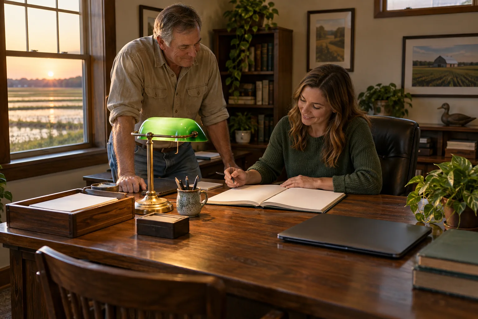 A client and accountant discussing records beside a green desk lamp.