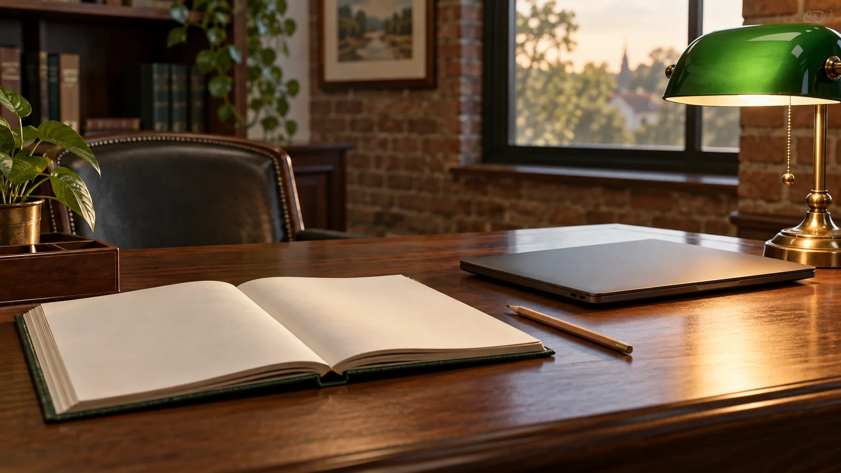 An open ledger, closed laptop, and green banker lamp on a walnut desk.