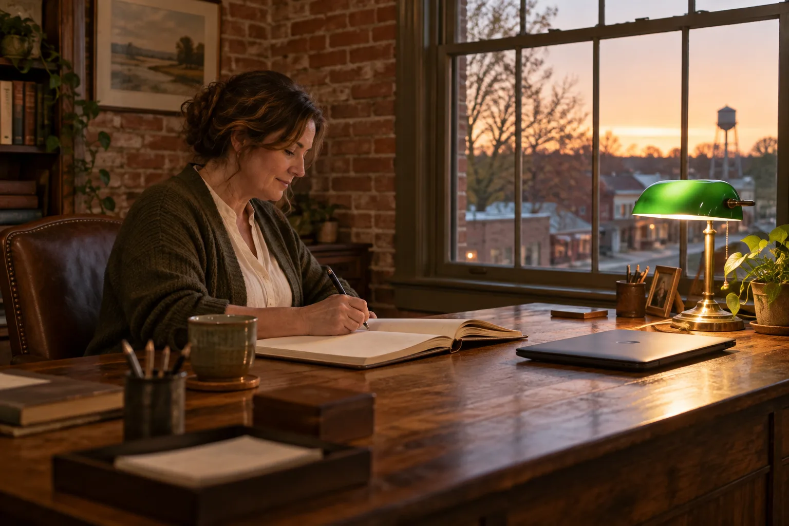An accountant reviewing records at a walnut desk in evening light.