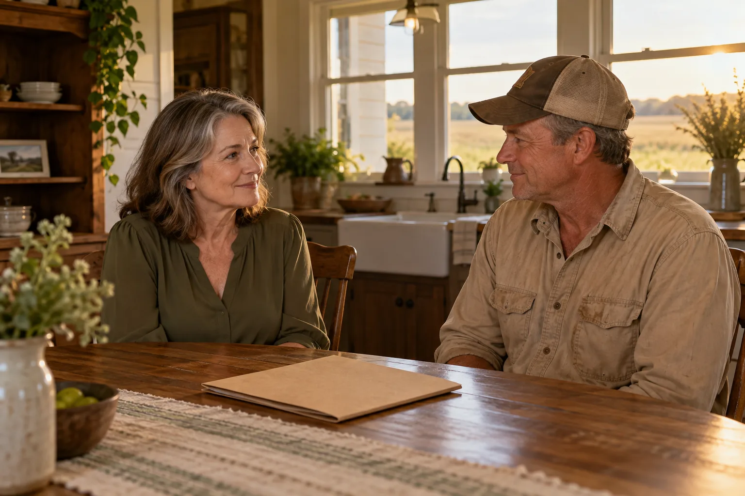 Carolyn talking with a grower at a kitchen table.