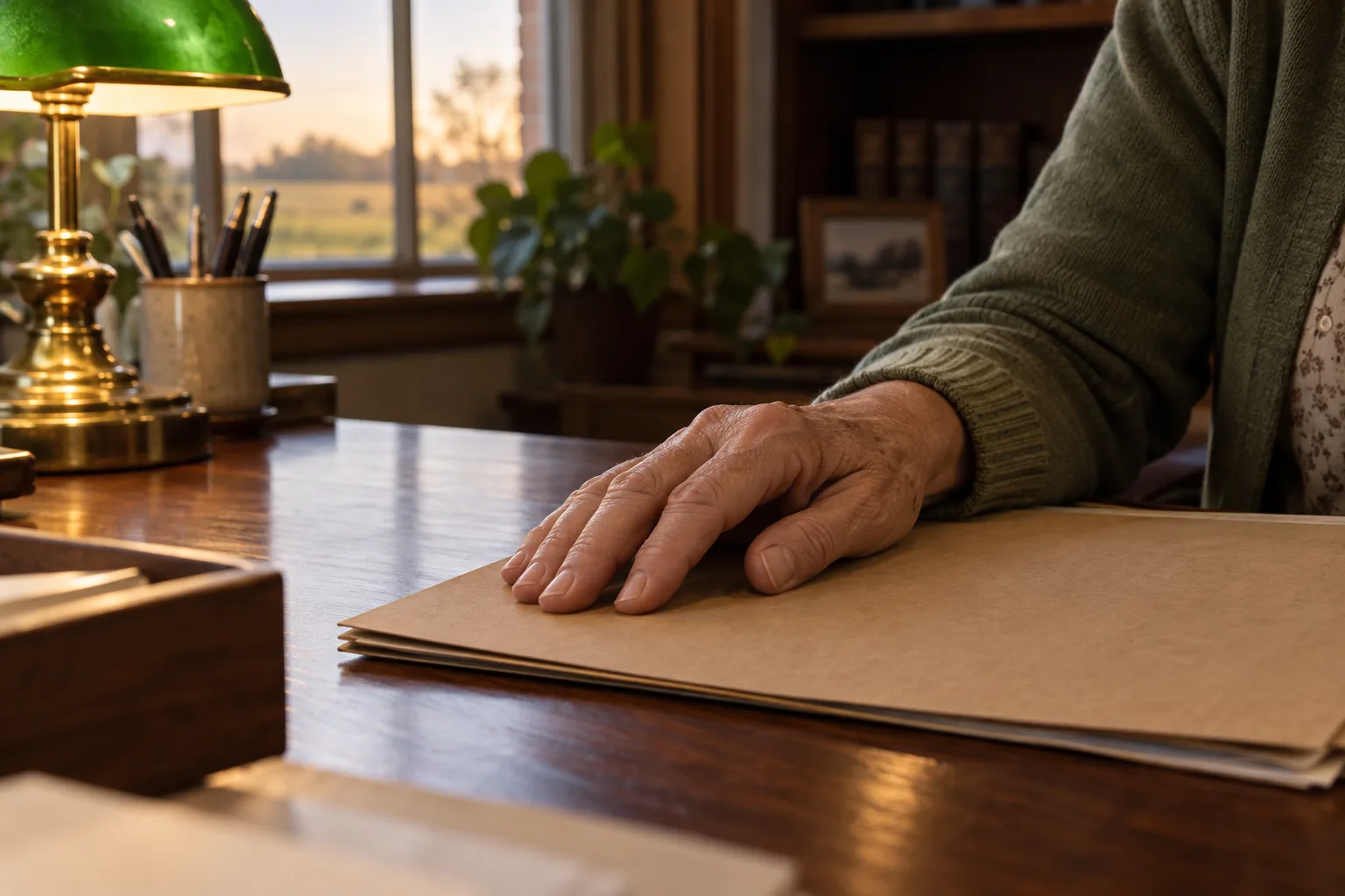 A hand resting on a closed client folder.