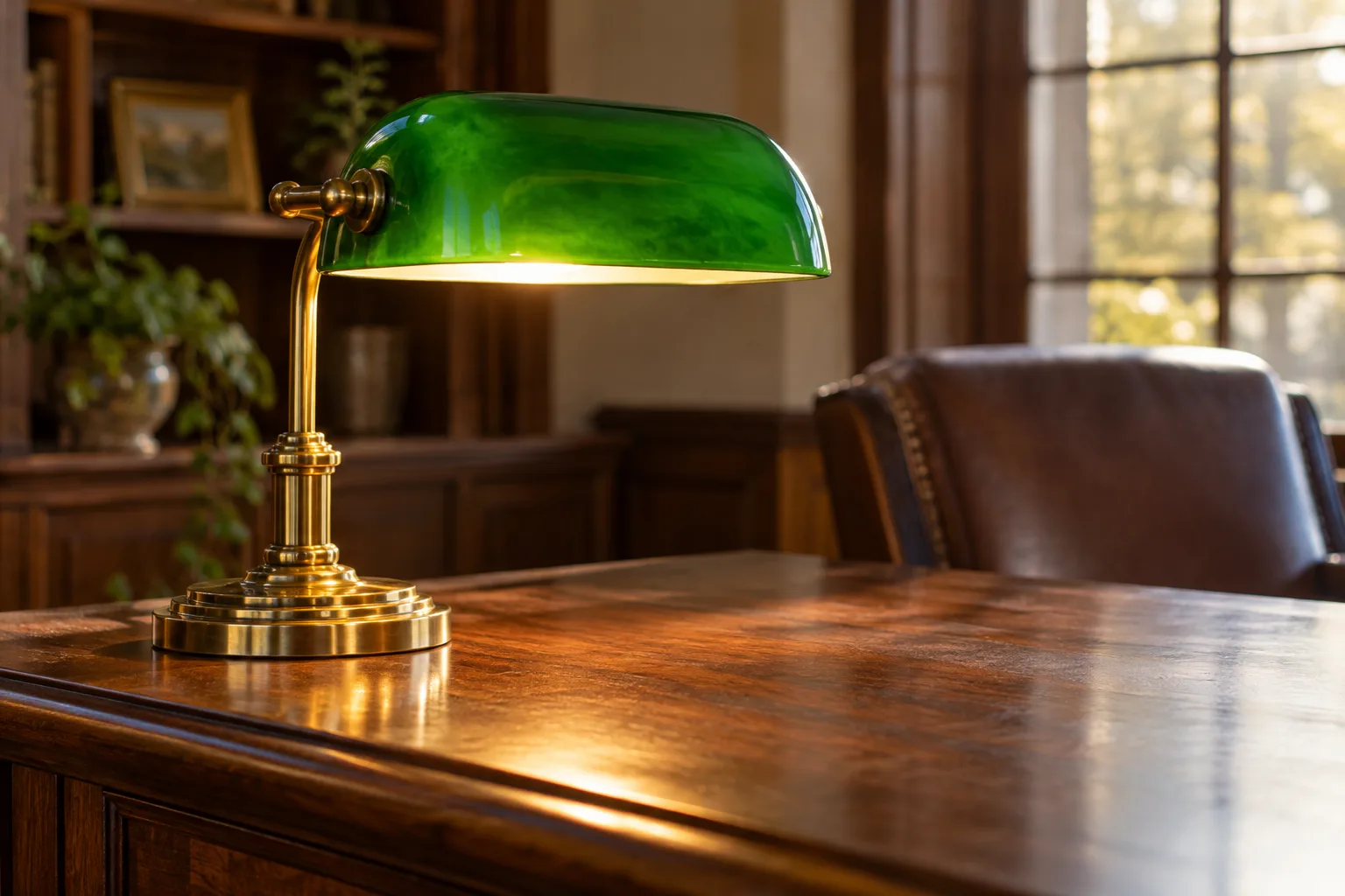 Green glass and brass of the office desk lamp.