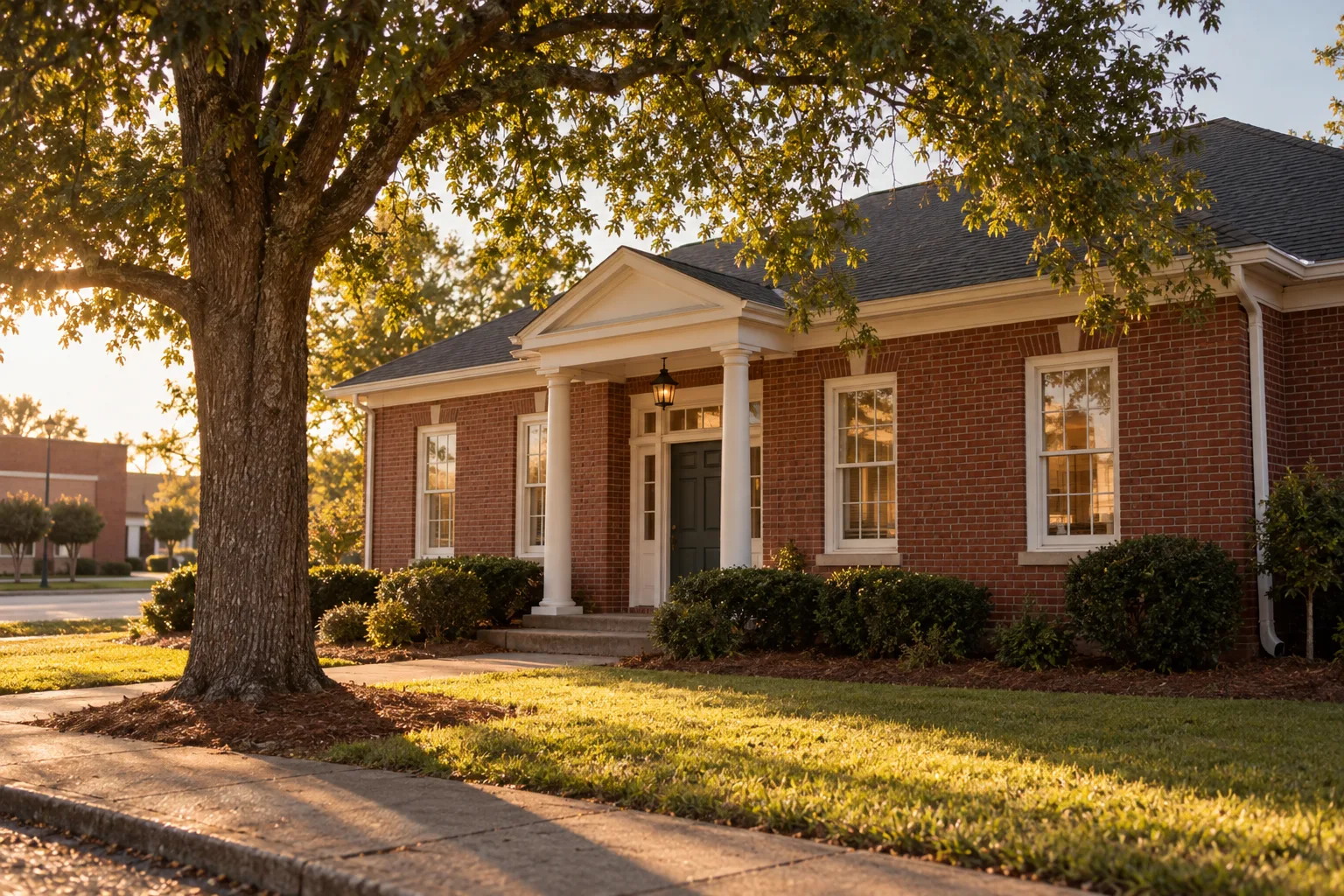 The brick office under a shade tree.