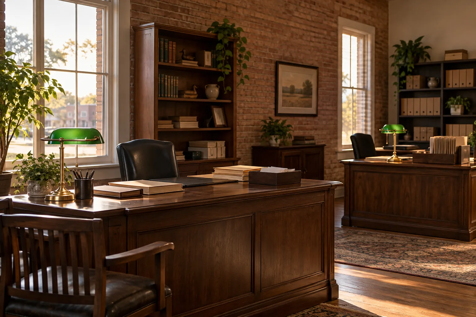 Walnut desks and green lamps in a quiet brick office.