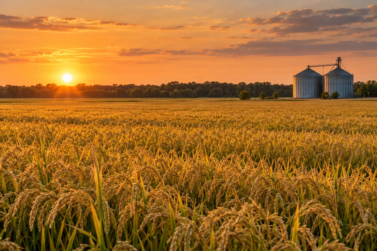 Rice fields and grain bins at dusk in the Grand Prairie.