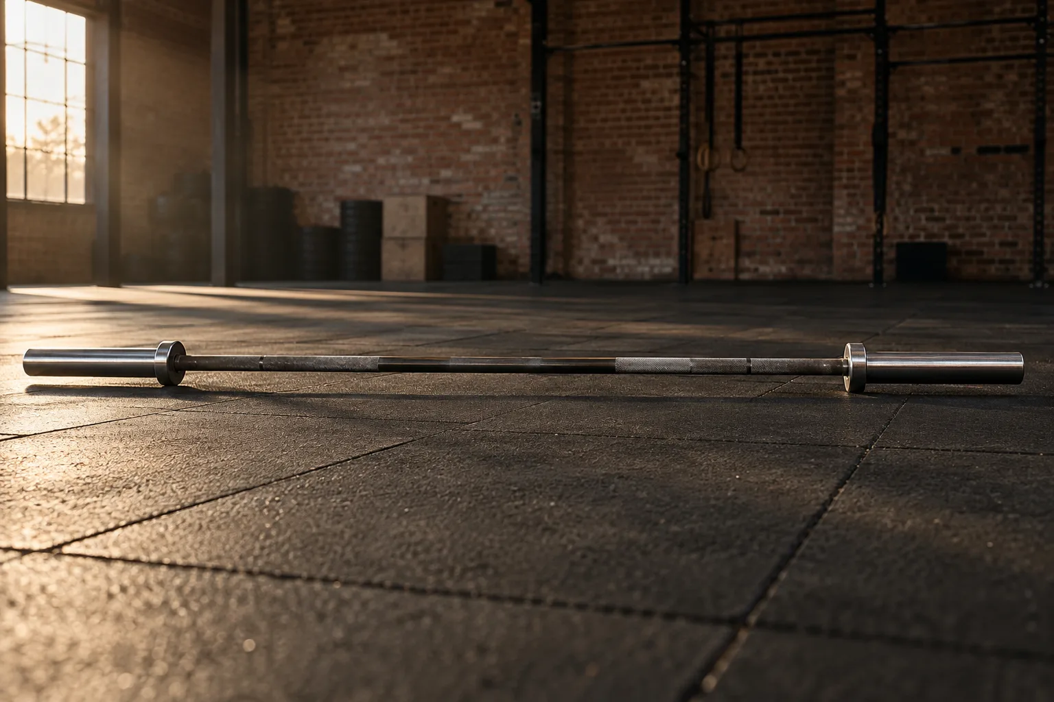 An empty Olympic bar on the warehouse gym floor