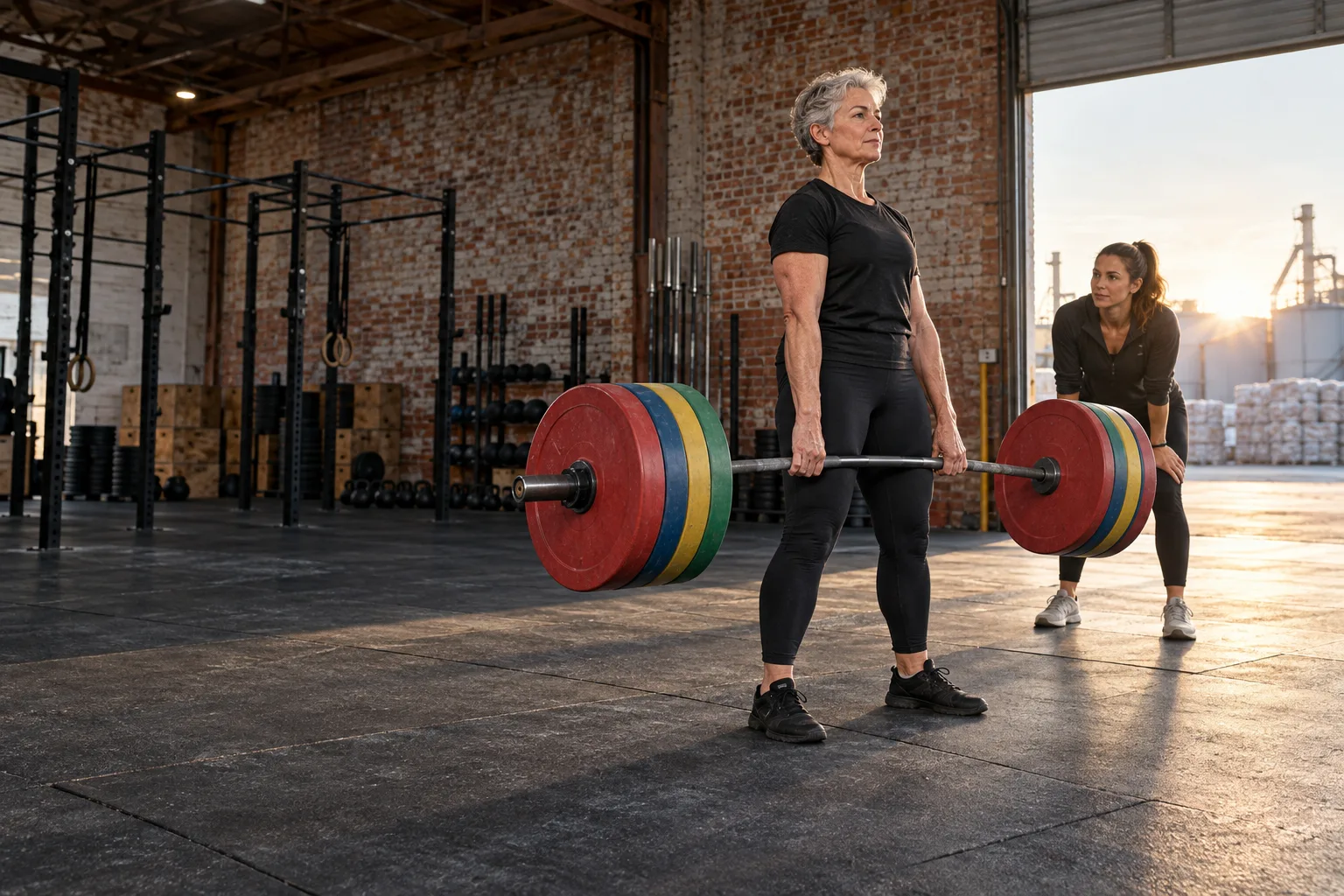 A woman in her fifties deadlifting with a coach nearby in the morning-lit gym
