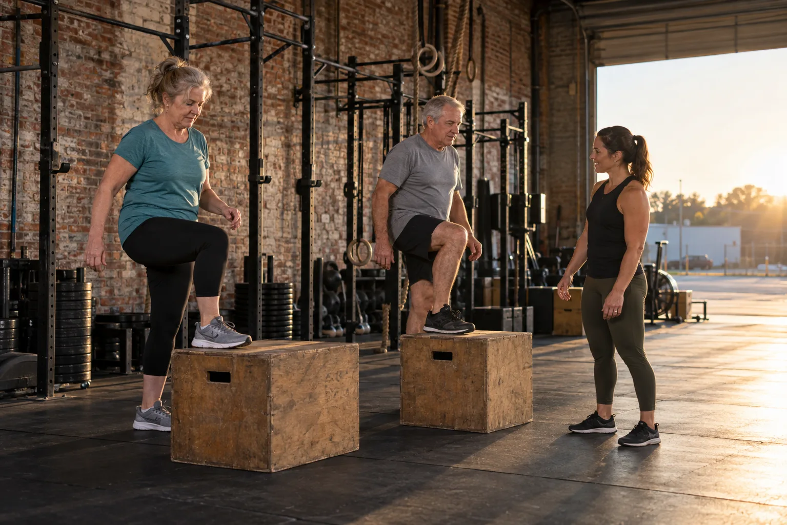 Older members practising low step-ups with a coach